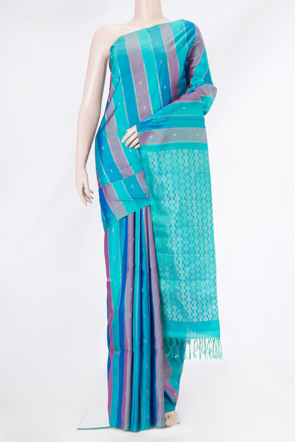 Multi Color Soft Silk Saree with Stripes on the body and Without Border.  displayed on a mannequin