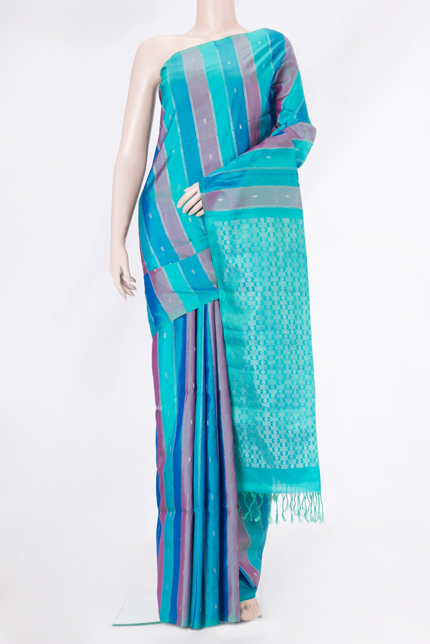 Multi Color Soft Silk Saree with Stripes on the body and Without Border.  displayed on a mannequin