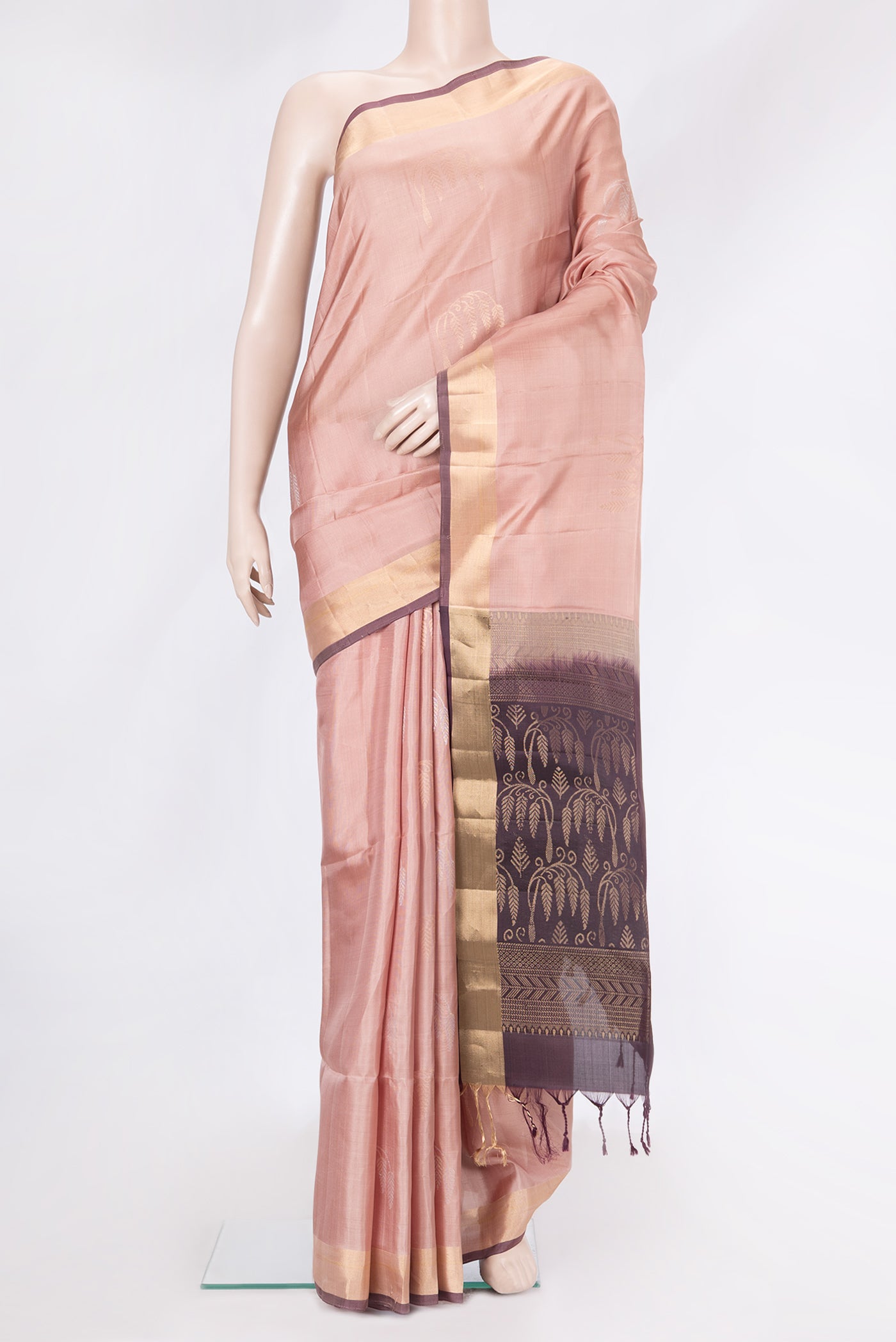 Rose Gold Dual Tone Soft Silk Saree with Zari Butta on the body and Zari Border.  displayed on a mannequin