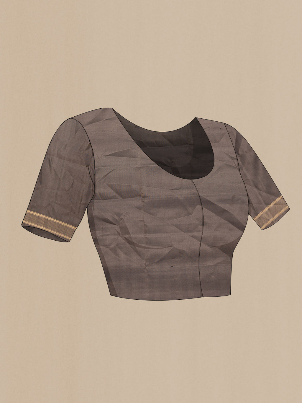 Close up image of the blouse of Grey Dual Tone Soft Silk Saree with Zari Butta on the body and Zari Border. 