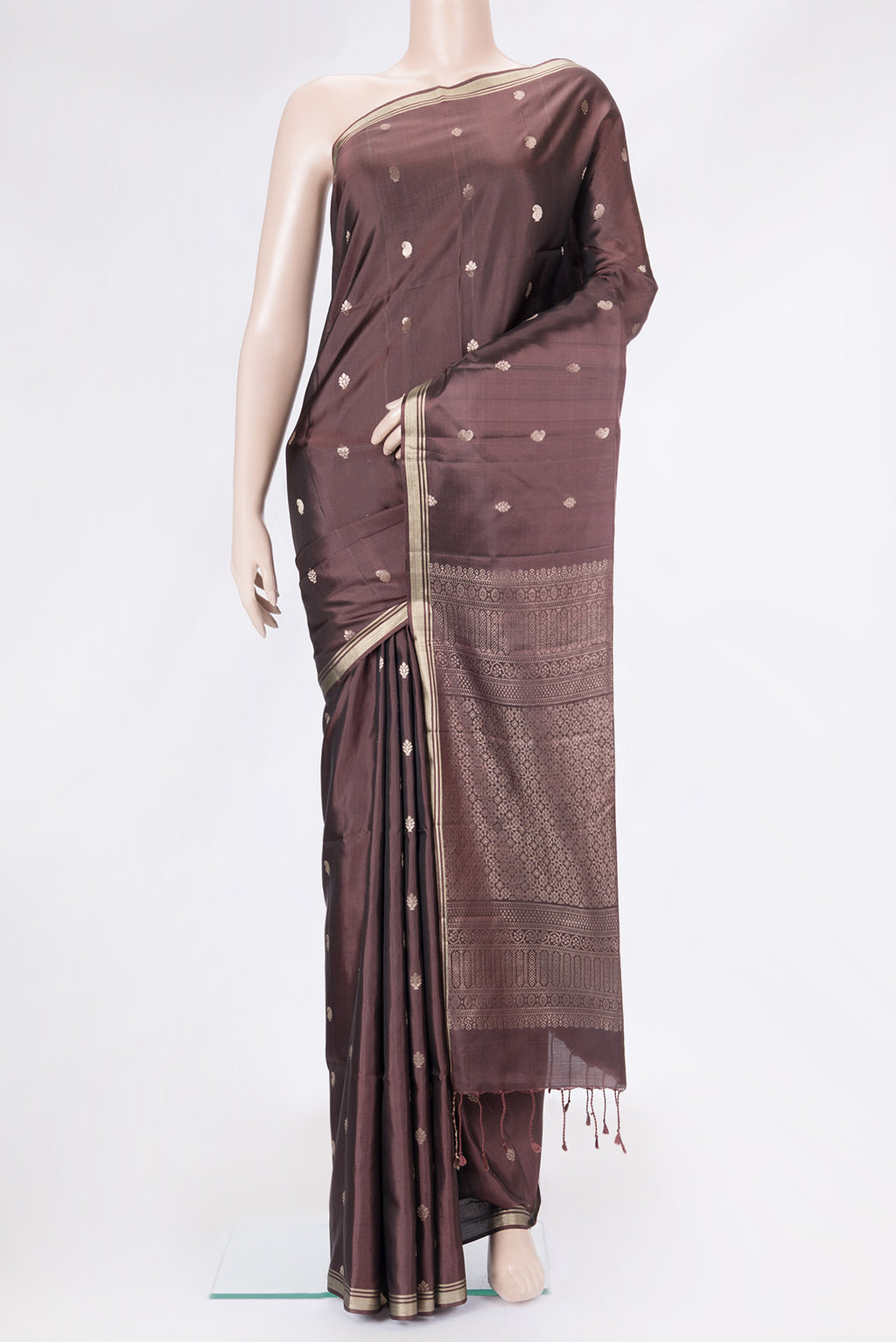 Brown Dual Tone Soft Silk Saree with Zari Butta on the body and Zari Border.  displayed on a mannequin
