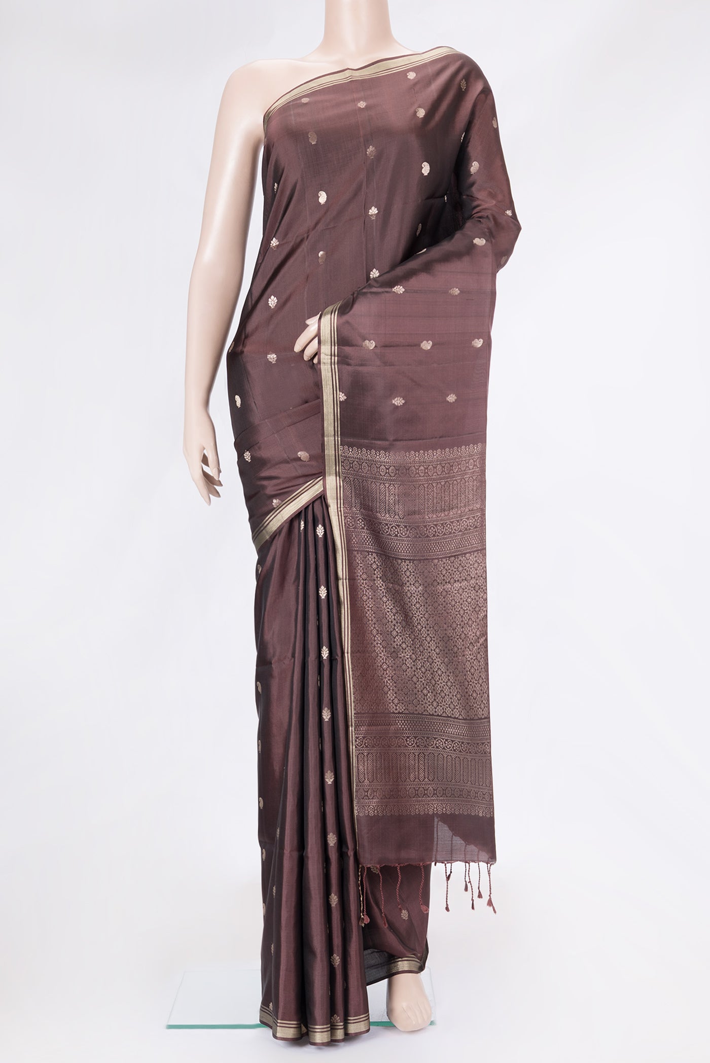 Brown Dual Tone Soft Silk Saree with Zari Butta on the body and Zari Border.  displayed on a mannequin