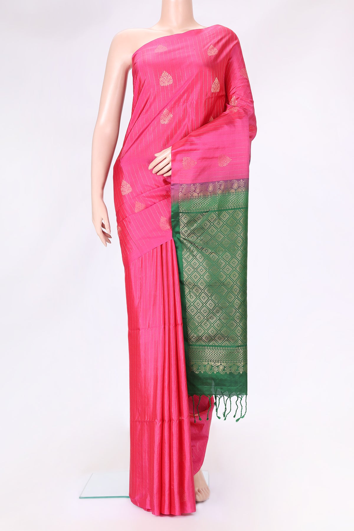 Pink Dual Tone Soft Silk Saree with Stripes on the body and Without Border.  displayed on a mannequin
