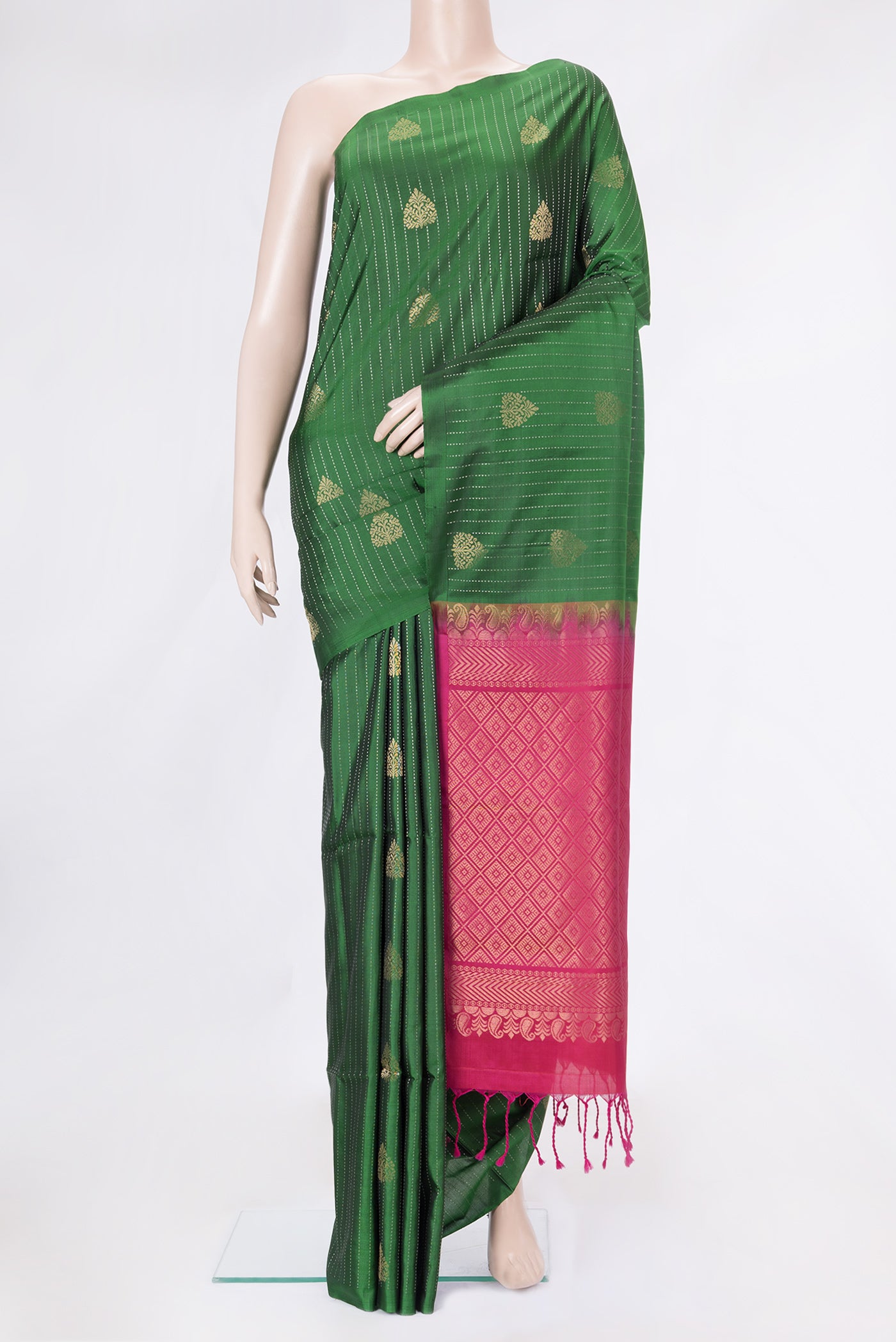 Bottle Green Dual Tone Soft Silk Saree with Stripes on the body and Without Border.  displayed on a mannequin