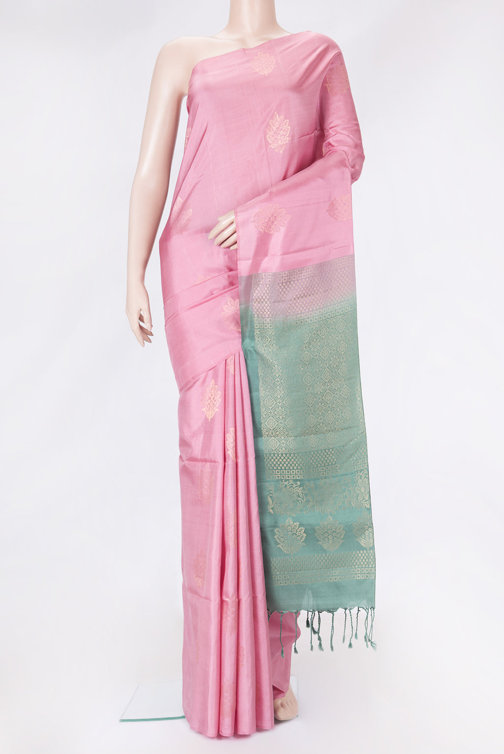 Pink Dual Tone Soft Silk Saree with Zari Butta on the body and Zari Border.  displayed on a mannequin