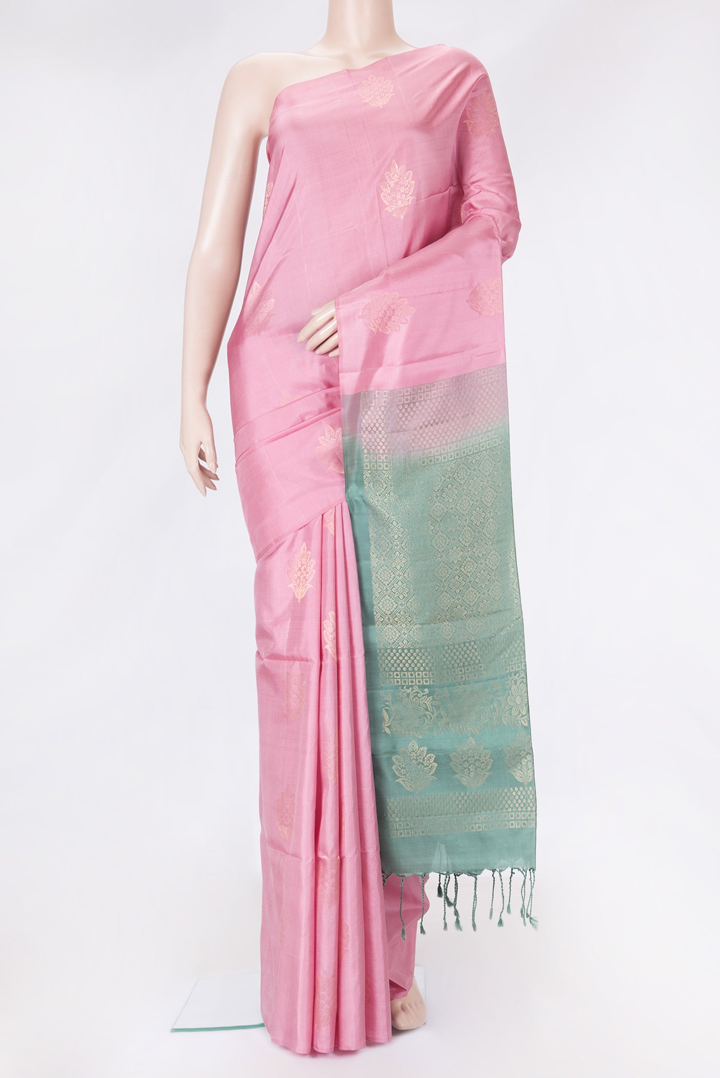 Pink Dual Tone Soft Silk Saree with Zari Butta on the body and Zari Border.  displayed on a mannequin