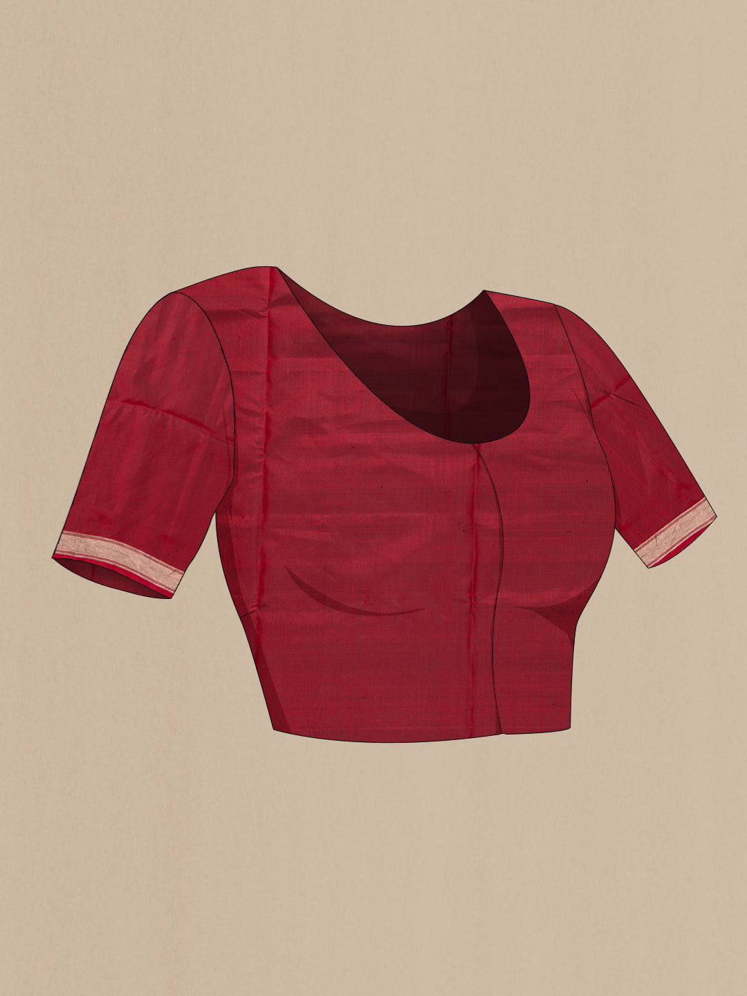 Close up image of the blouse of Maroon Dual Tone Soft Silk Saree with Zari Butta on the body and Zari Border. 