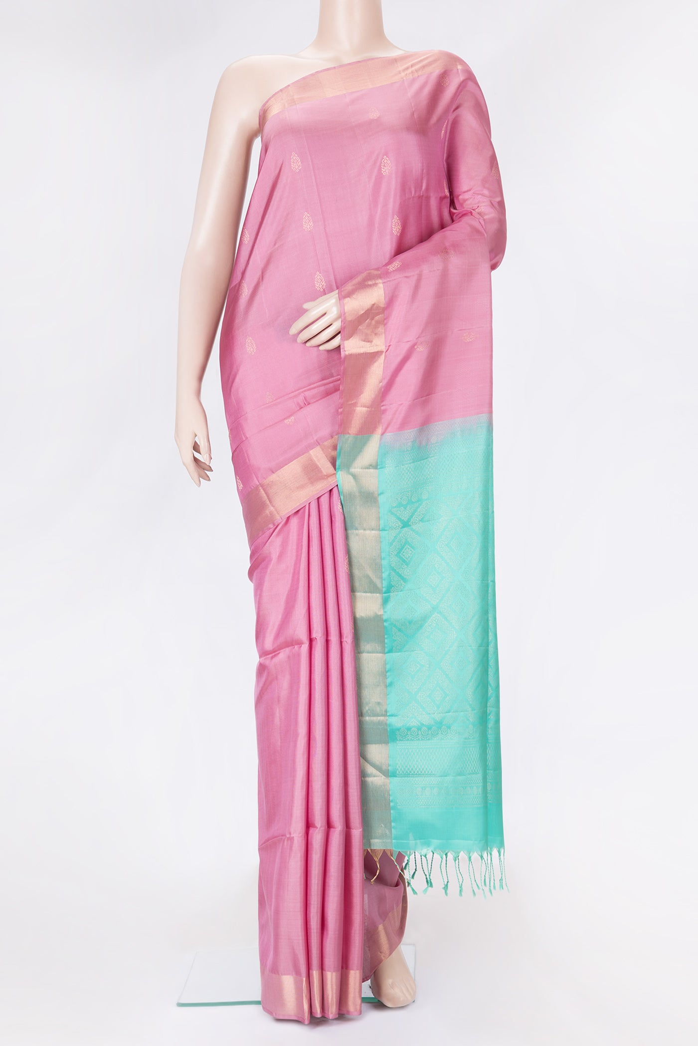 Pink Dual Tone Soft Silk Saree with Zari Butta on the body and Zari Border.  displayed on a mannequin