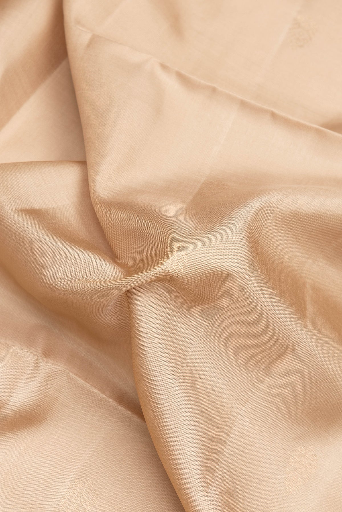 Close up of Beige Soft Silk Saree with Zari Butta on the body and Zari Border.  displaying folds