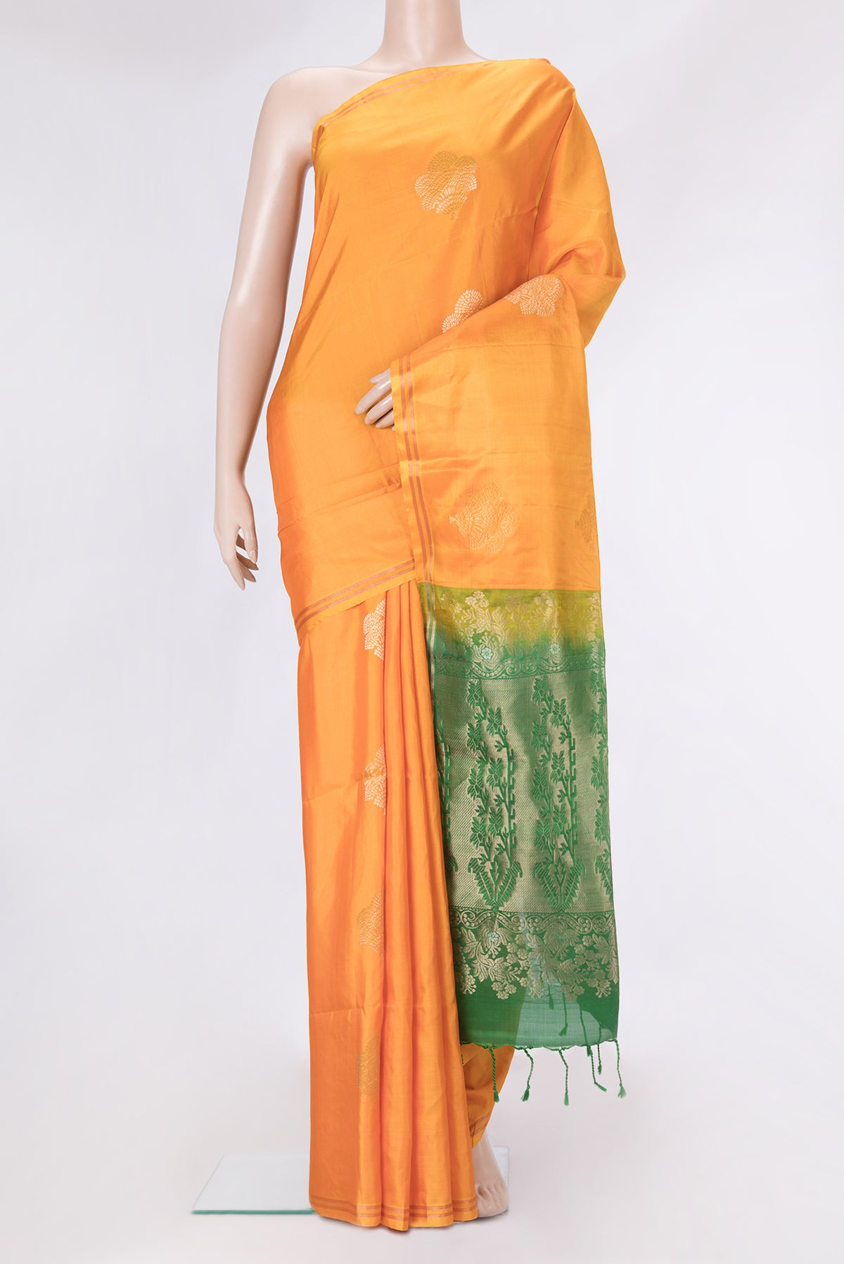 Orange Dual Tone Soft Silk Saree with Zari Butta on the body and Zari Border.  displayed on a mannequin