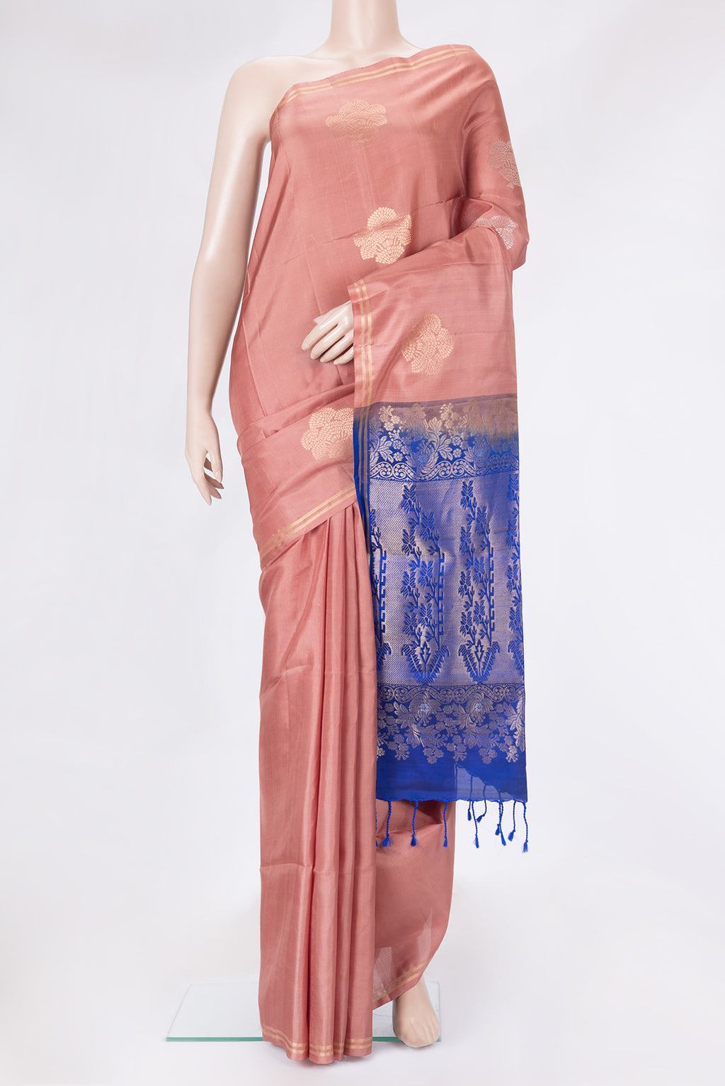 Rose Gold Dual Tone Soft Silk Saree with Zari Butta on the body and Zari Border.  displayed on a mannequin