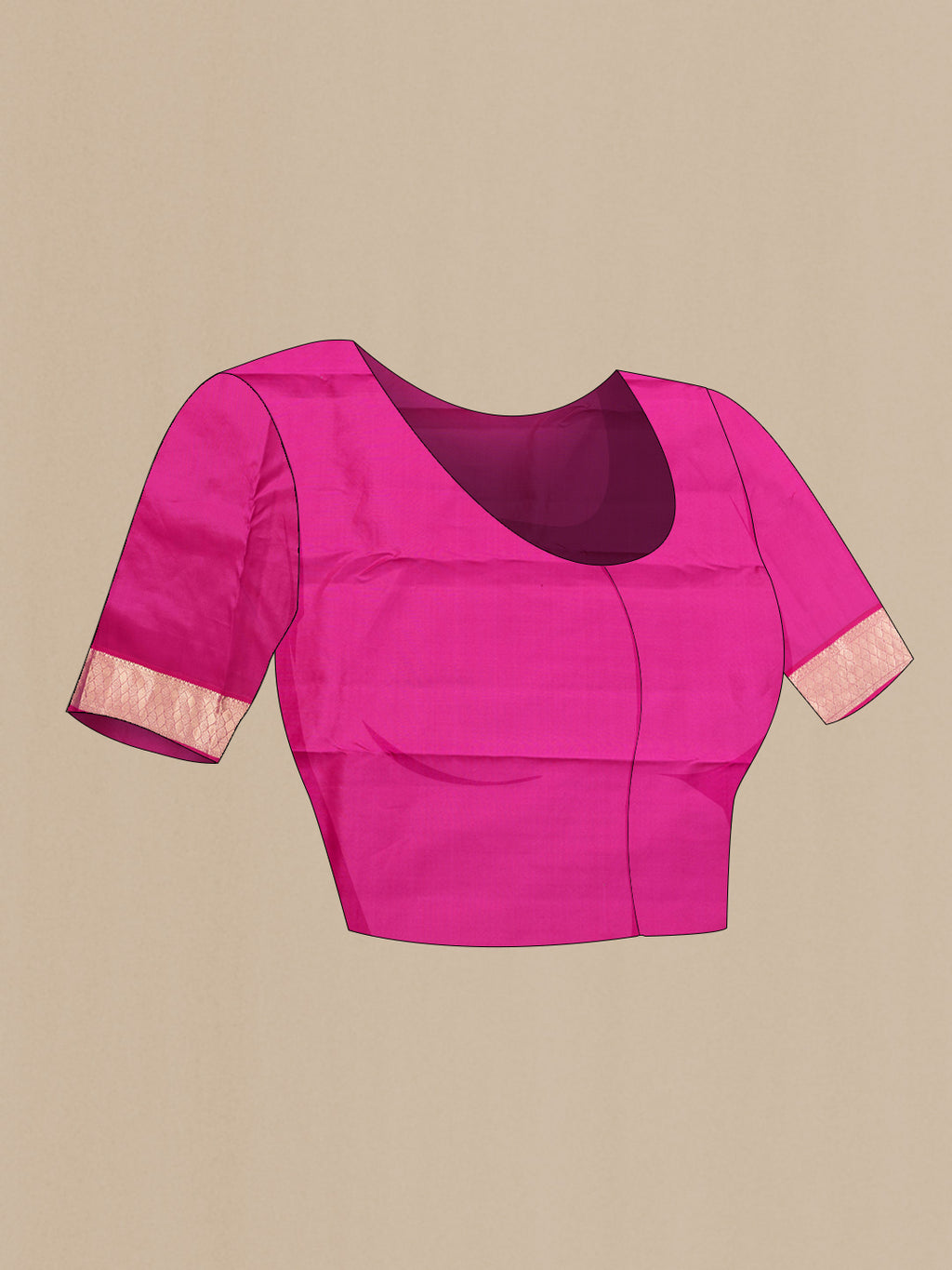 Close up image of the blouse of Rose Gold Dual Tone Kanchipuram Silk Saree with Zari Butta on the body and Zari Border. 