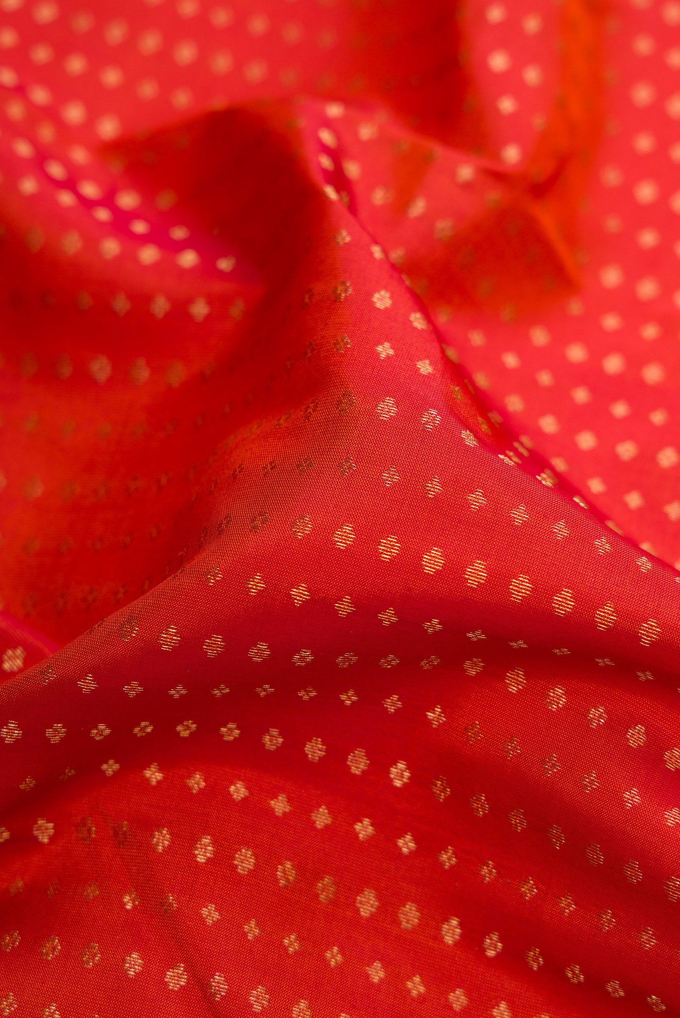 Close up of Brick Orange Dual Tone Kanchipuram Silk Saree with Stripes on the body and Zari Border.  displaying folds