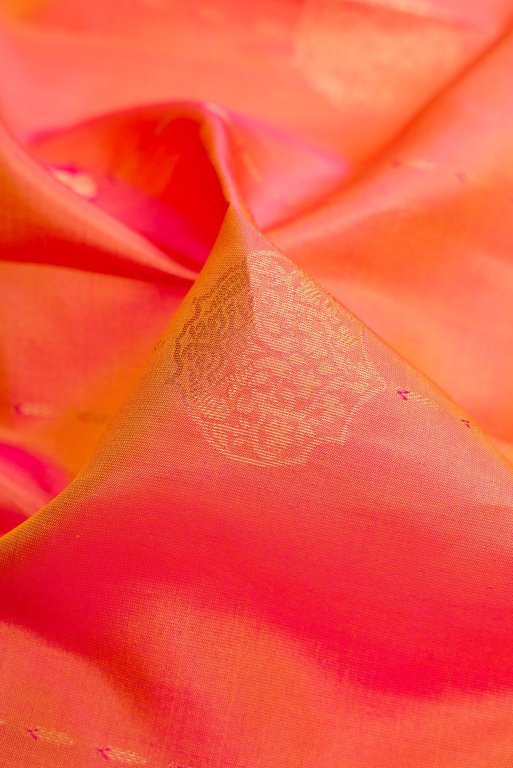 Close up of Coral Dual Tone Kanchipuram Silk Saree with Zari Butta on the body and Zari Border.  displaying folds