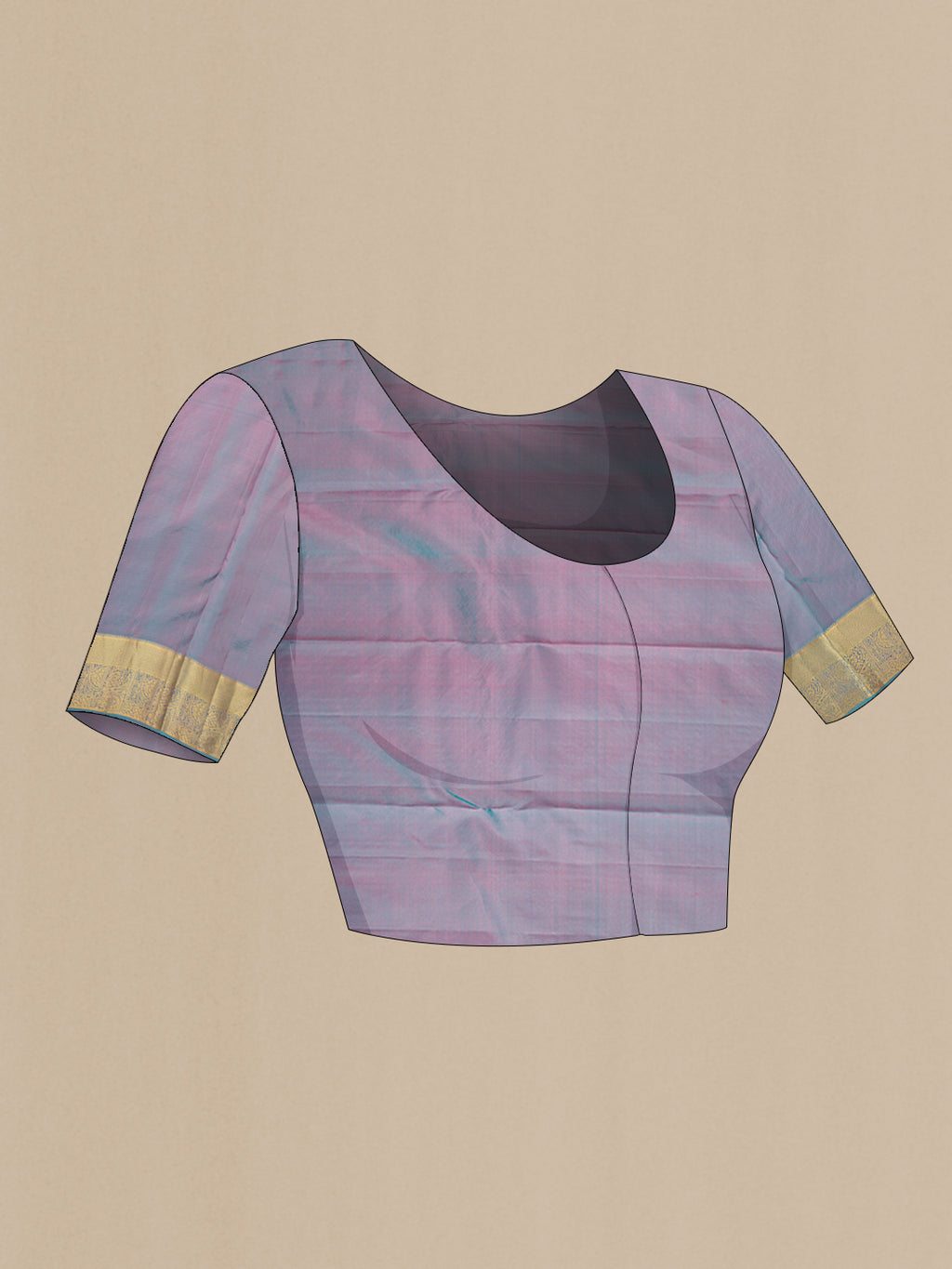 Close up image of the blouse of Pink Dual Tone Kanchipuram Silk Saree with Zari Butta on the body and Zari Border. 