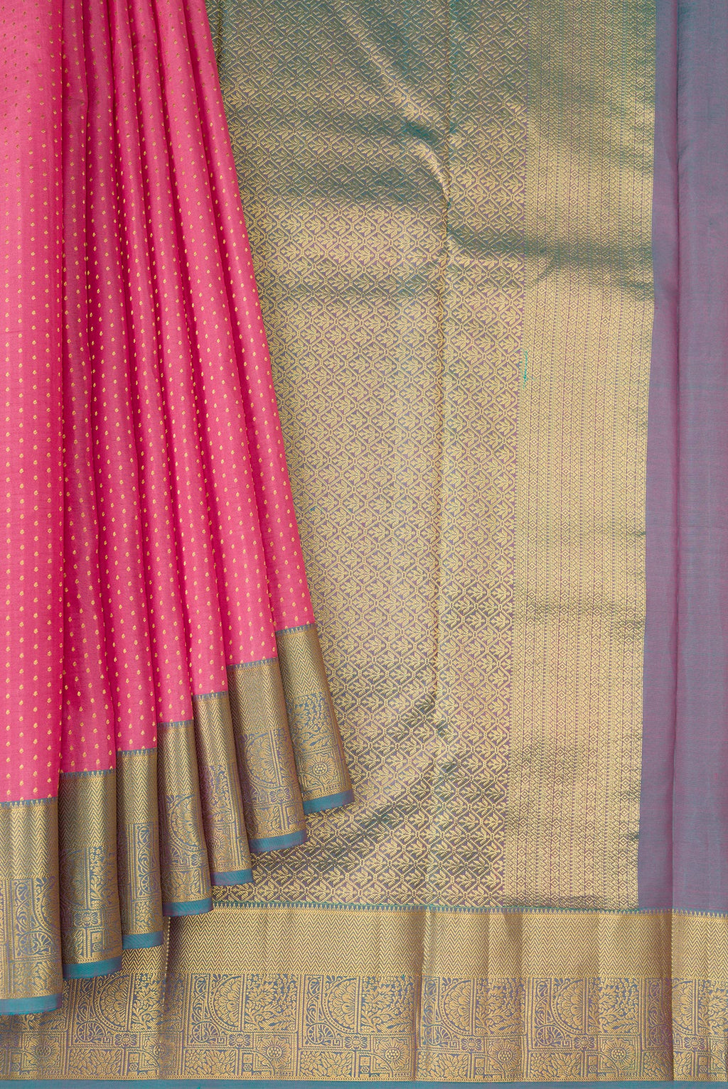Pleats and pallu of Pink Dual Tone Kanchipuram Silk Saree with Zari Butta on the body and Zari Border. 