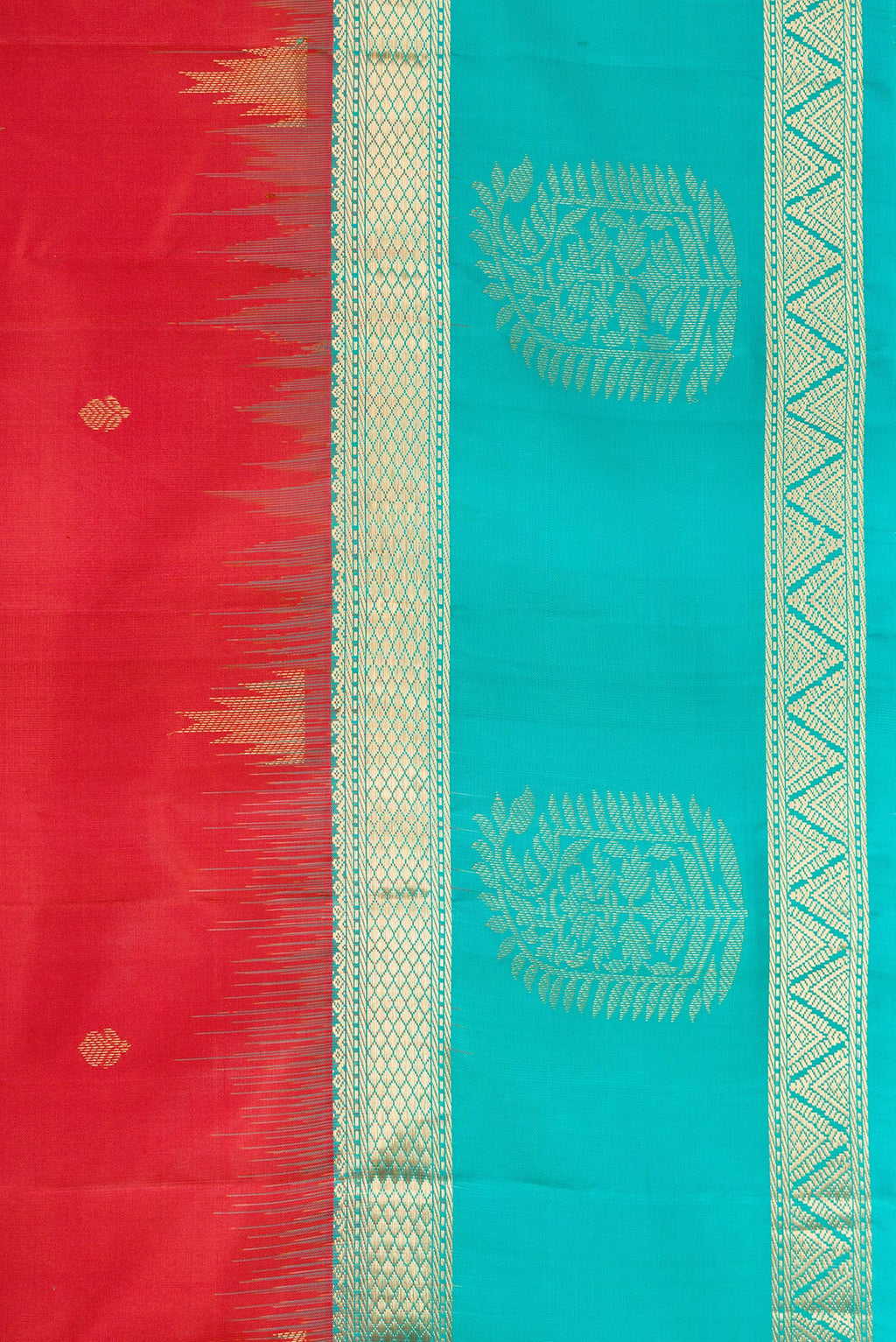 Border image of Brick Orange Dual Tone Kanjivaram Silk Saree with Zari Butta on the body and Fancy Border. 