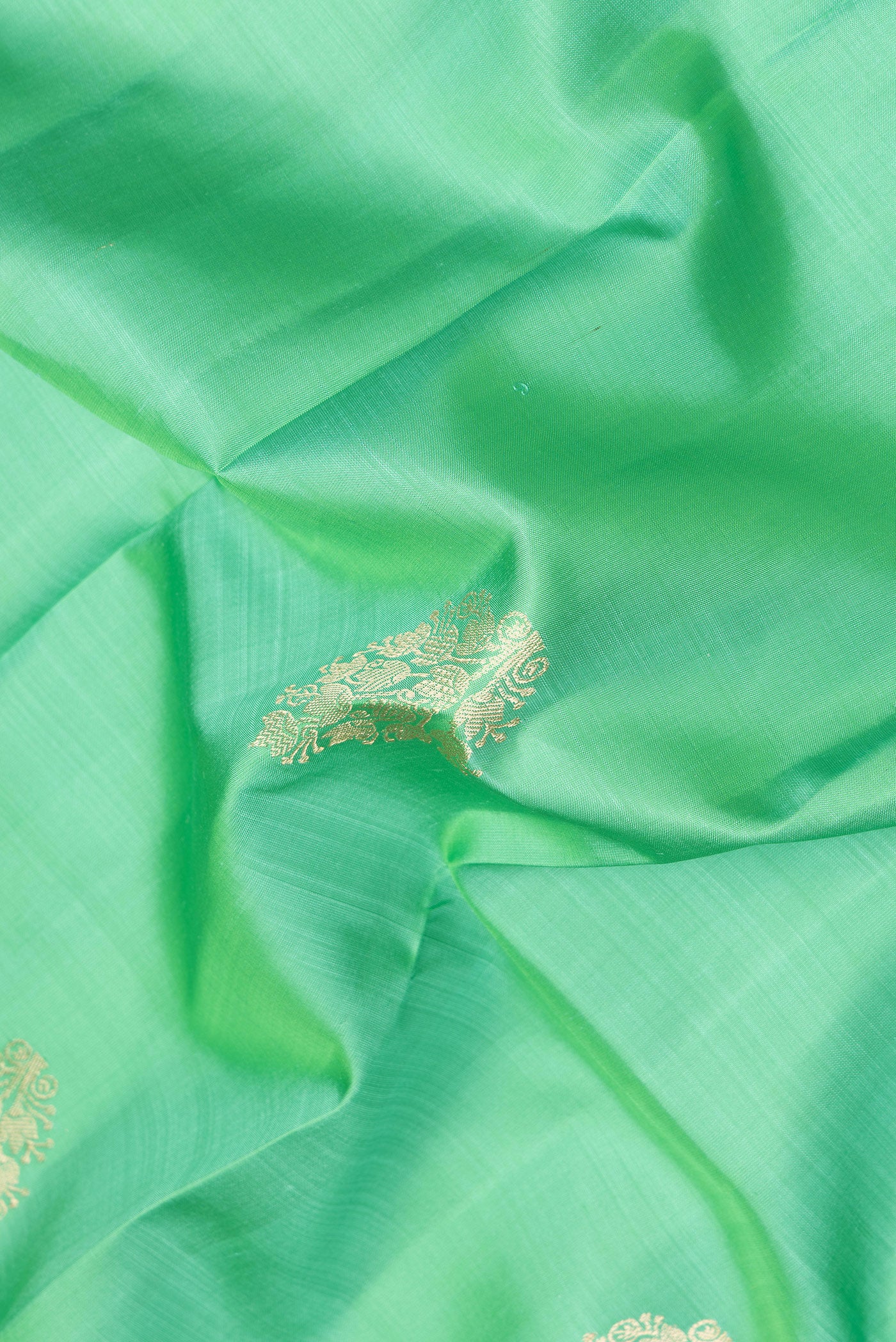 Close up of Pista Green Dual Tone Kanjivaram Silk Saree with Zari Butta on the body and Zari Border.  displaying folds