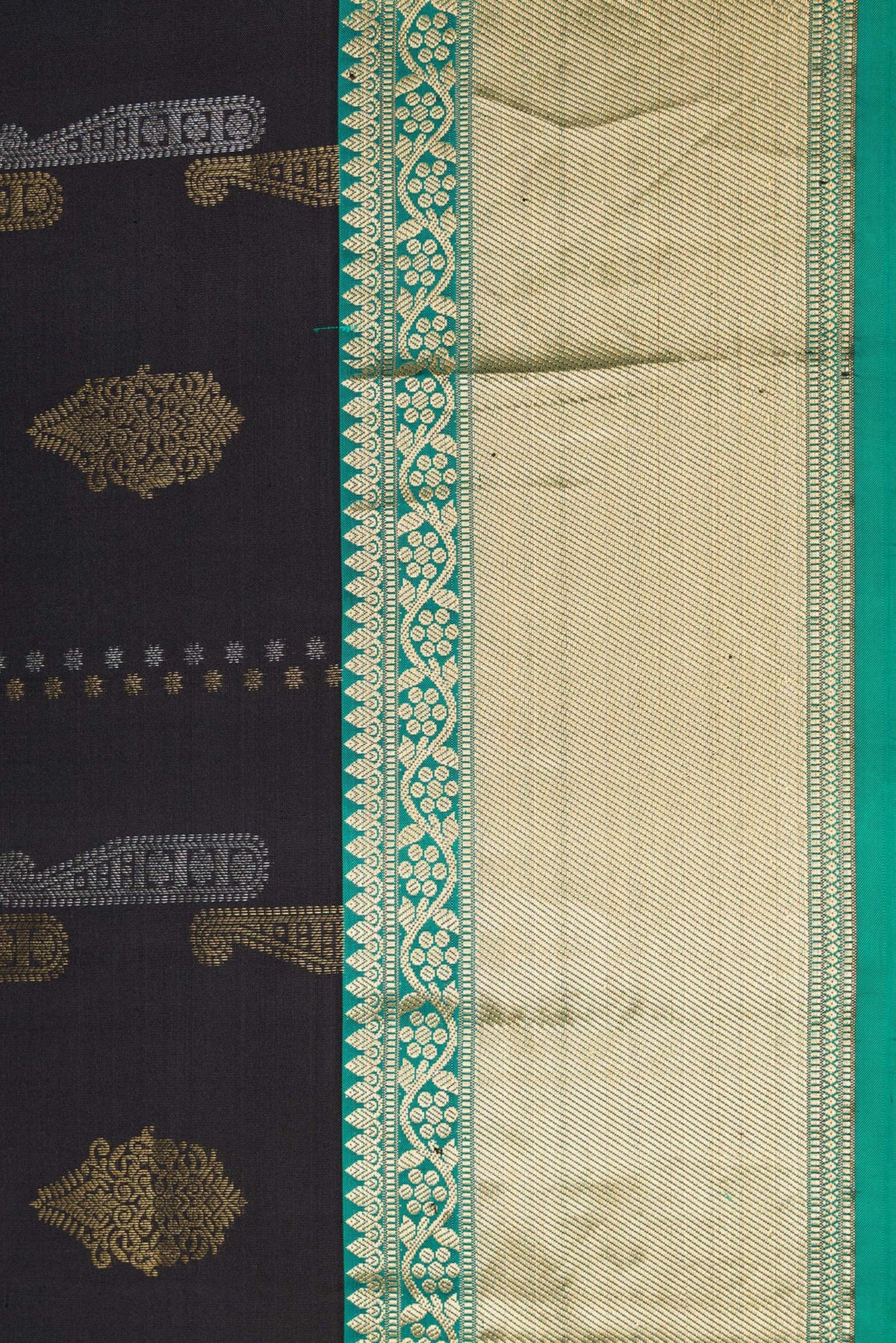 Border image of Black Dual Tone Kanjivaram Silk Saree with Zari Butta on the body and Zari Border. 