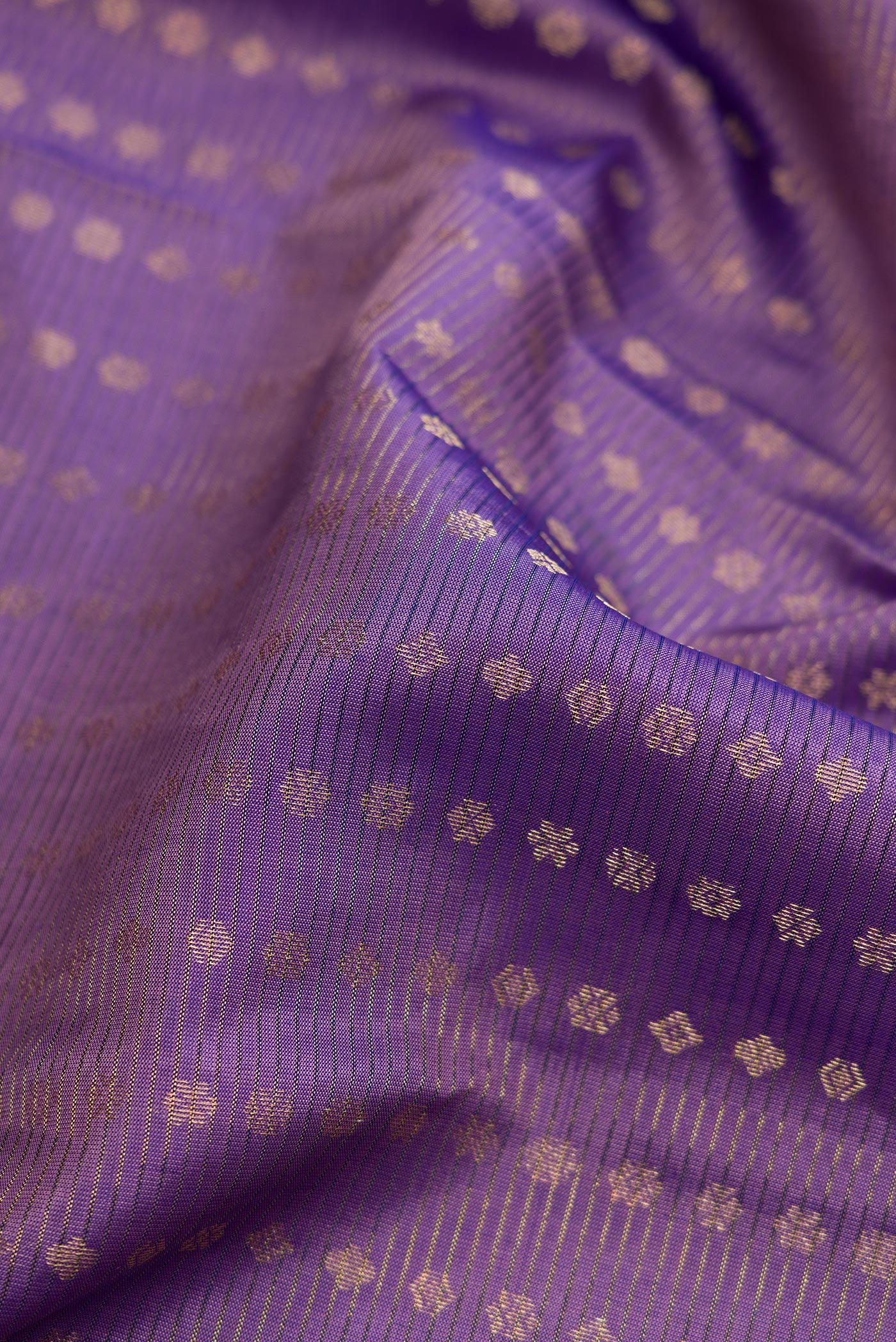 Close up of Purple Dual Tone Kanchipuram Silk Saree with Stripes on the body and Plain Border.  displaying folds