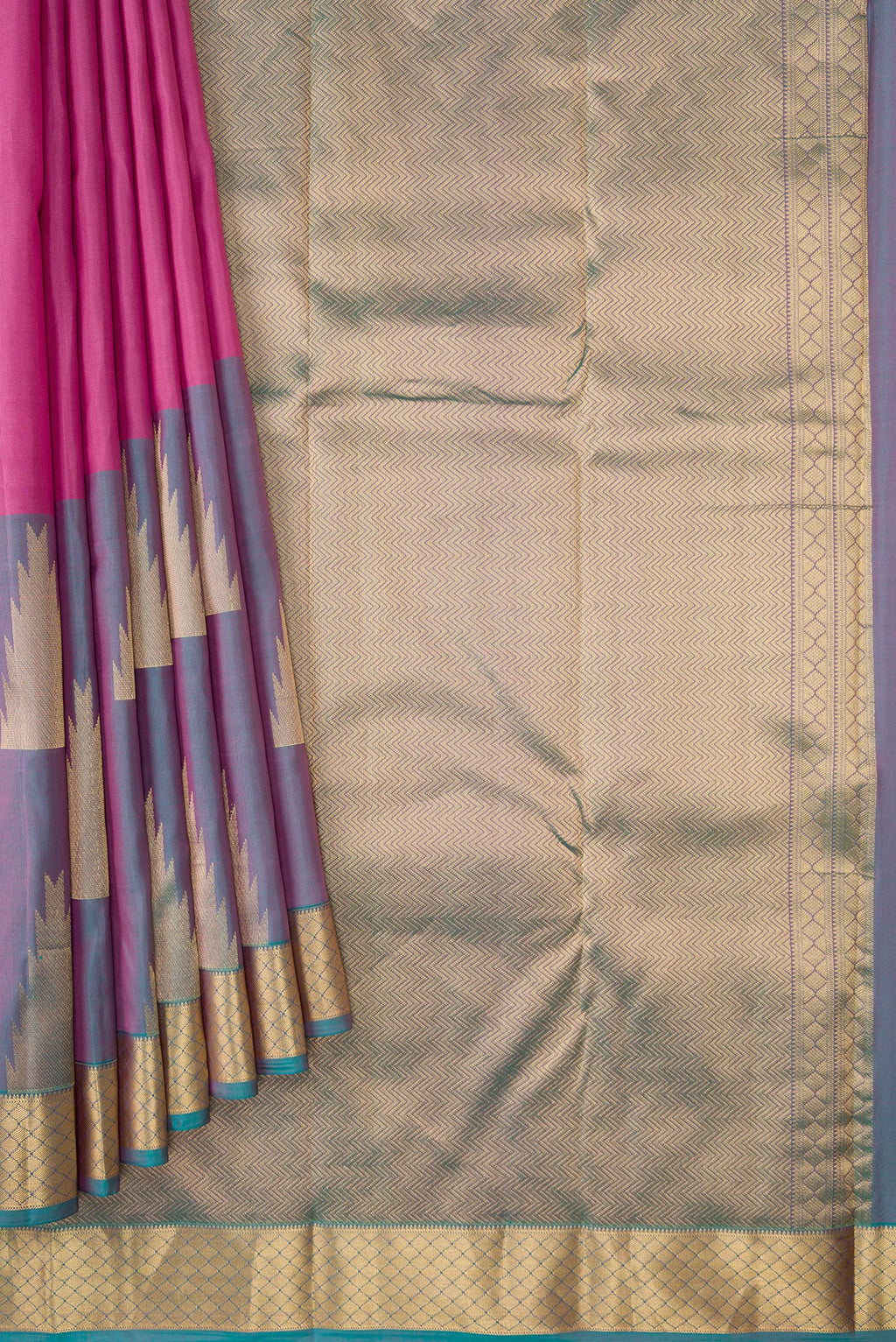 Pleats and pallu of Pink Dual Tone Kanchipuram Silk Saree with Plain Body and Fancy Border. 