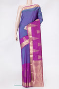 Peacock Blue Dual Tone Kanchipuram Silk Saree with Plain Body and Fancy Border.  displayed on a mannequin