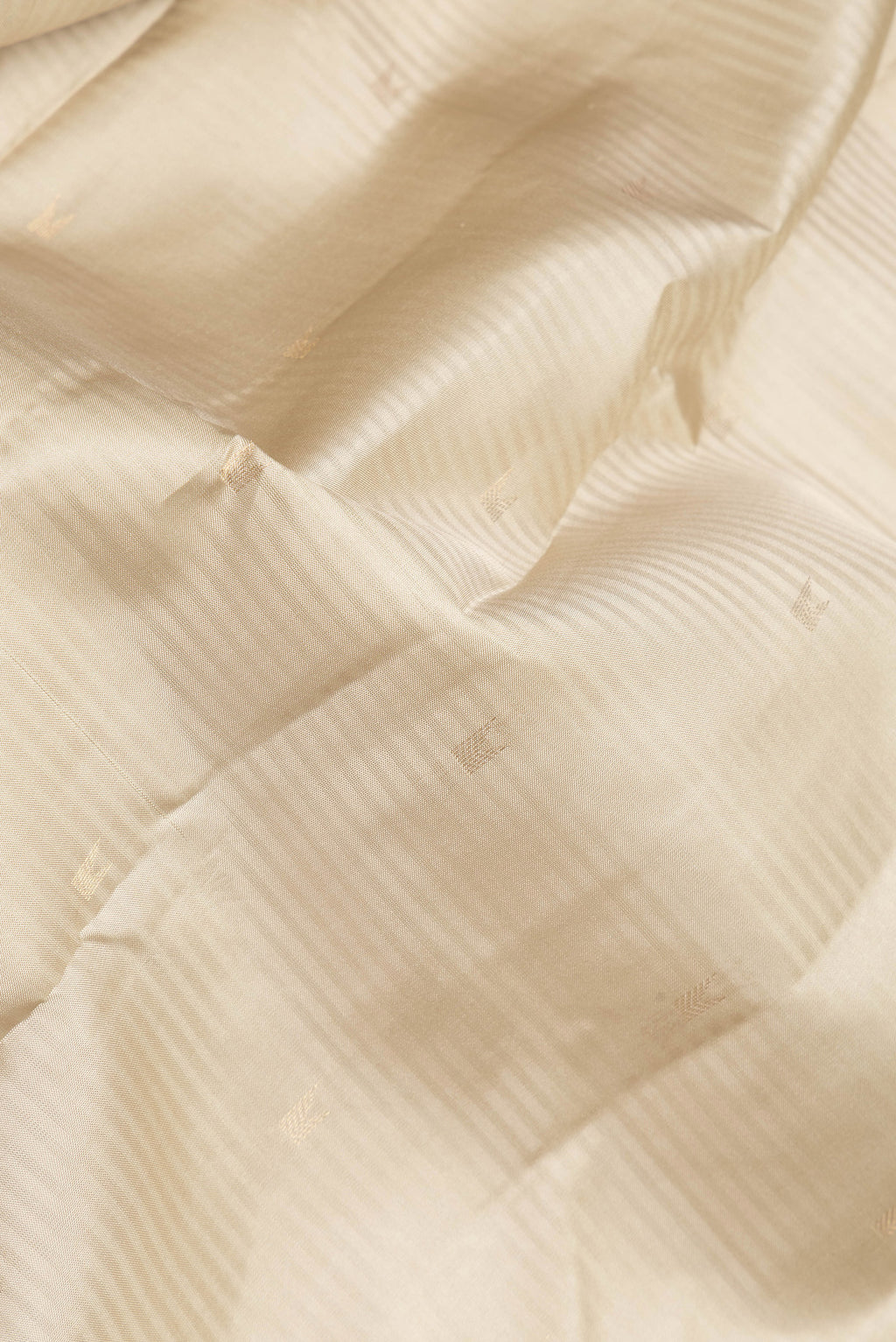Close up of Beige Kanchipuram Silk Saree with Stripes on the body and Zari Border.  displaying folds