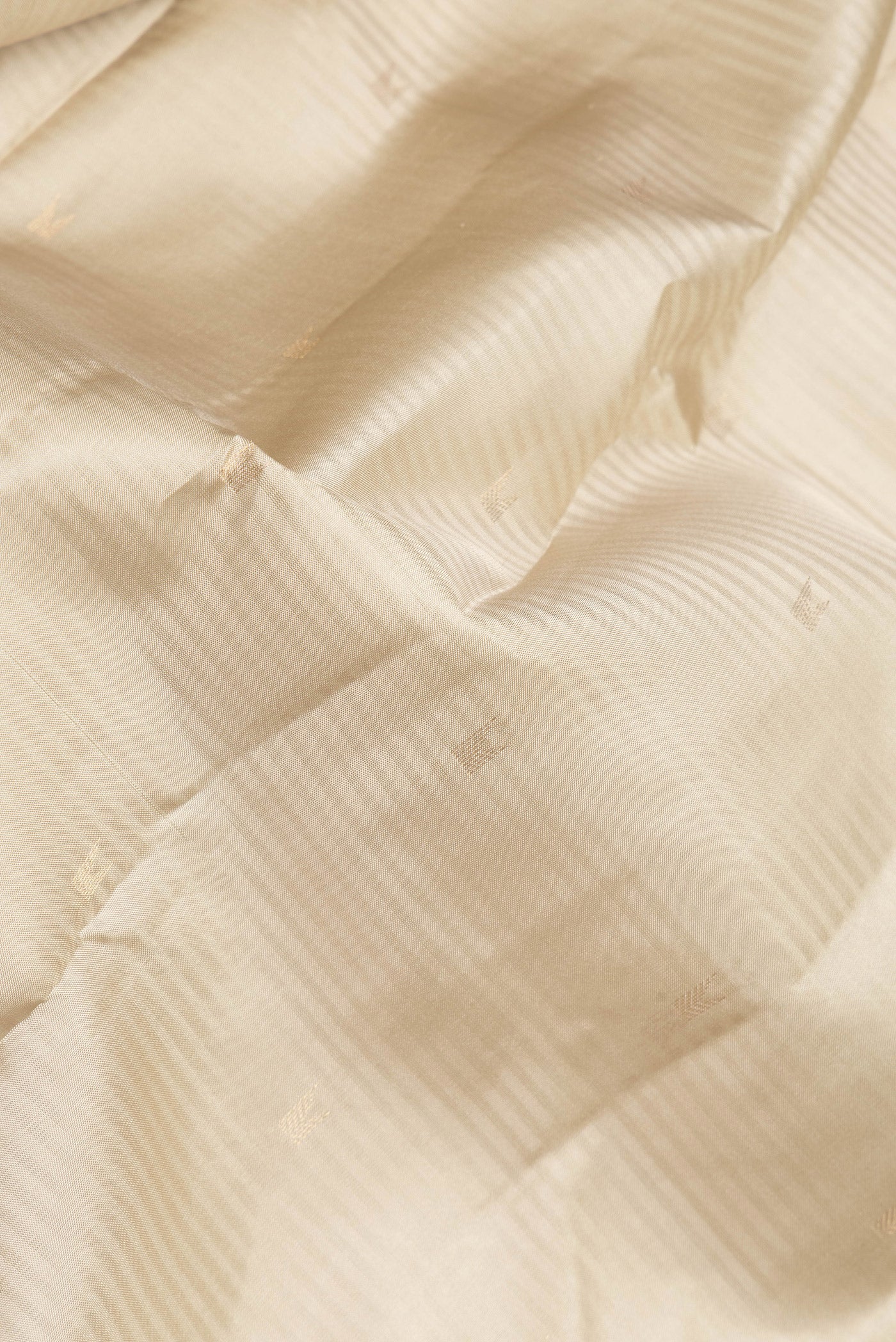 Close up of Beige Kanchipuram Silk Saree with Stripes on the body and Zari Border.  displaying folds