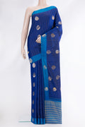 Navy Blue Dual Tone Kanchipuram Silk Saree with Stripes on the body and Fancy Border.  displayed on a mannequin