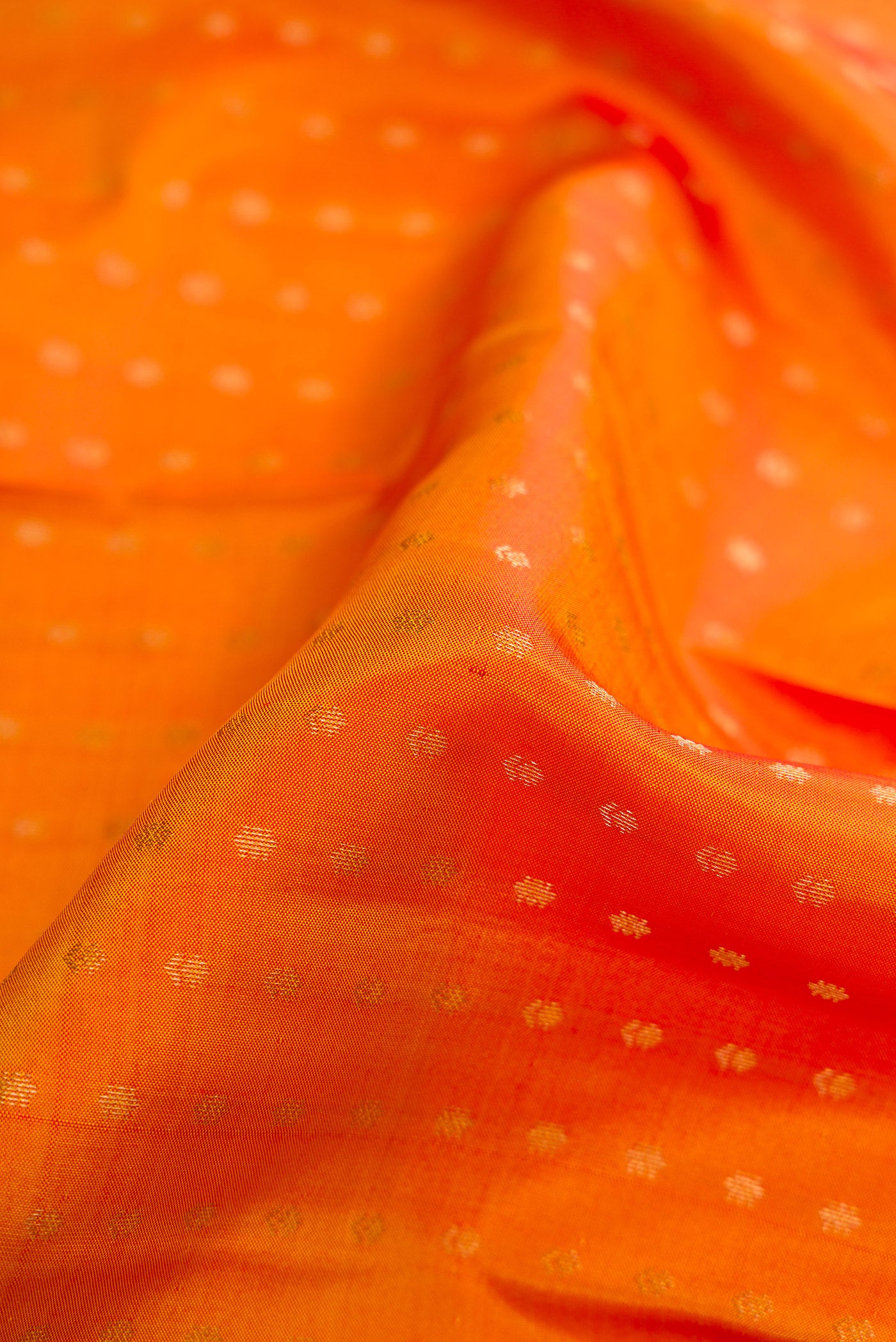 Close up of Mustard Dual Tone Kanchipuram Silk Saree with Zari Butta on the body and Fancy Border.  displaying folds