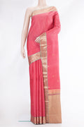 Pink Dual Tone Kanchipuram Silk Saree with Stripes on the body and Zari Border.  displayed on a mannequin