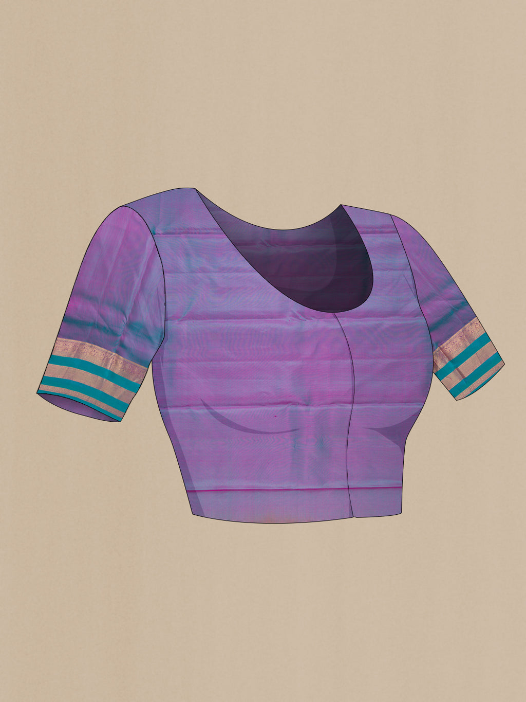 Close up image of the blouse of Purple Dual Tone Kanchipuram Silk Saree with Zari Butta on the body and Zari Border. 