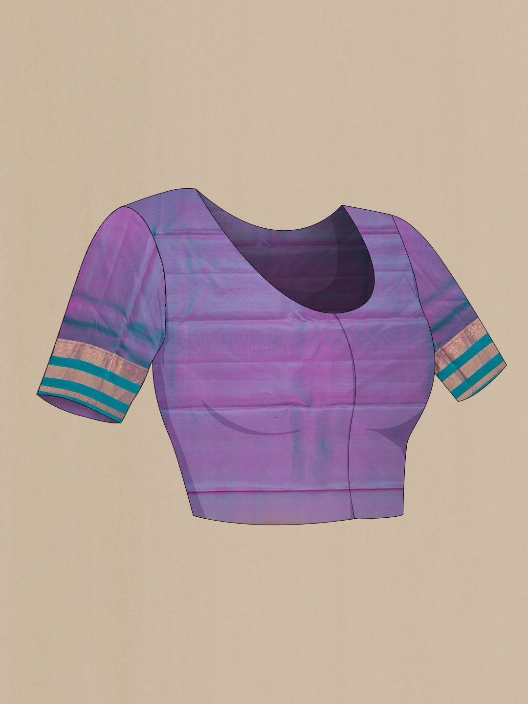 Close up image of the blouse of Purple Dual Tone Kanchipuram Silk Saree with Zari Butta on the body and Zari Border. 