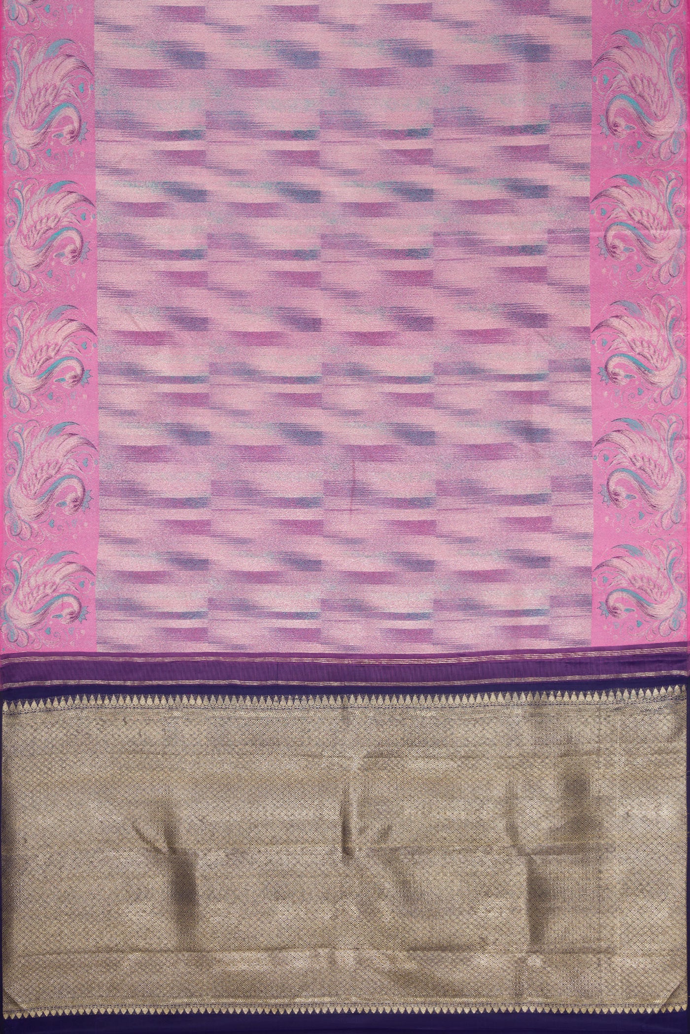 Flat view of Lavender Dual Tone Kanjivaram Tissue Silk Saree with Zari Brocade on the body and Fancy Border. 