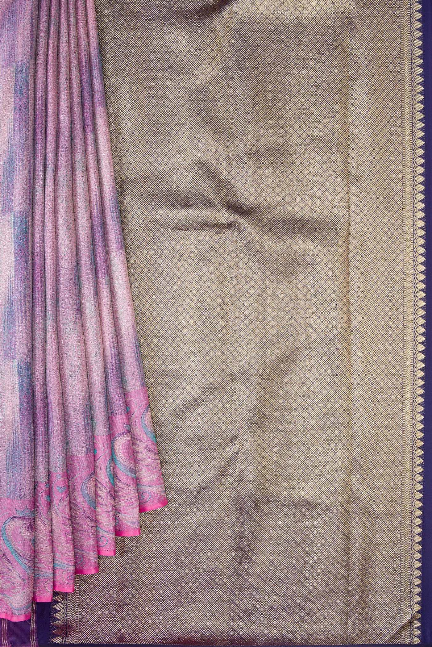 Pleats and pallu of Lavender Dual Tone Kanjivaram Tissue Silk Saree with Zari Brocade on the body and Fancy Border. 