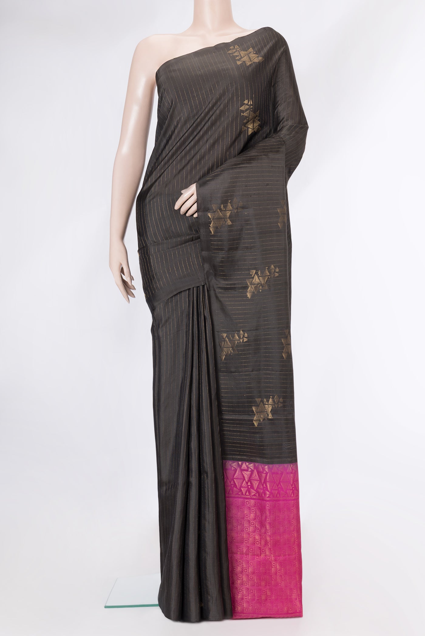 Coffee Brown Dual Tone Soft Silk Saree with Stripes on the body and Without Border.  displayed on a mannequin