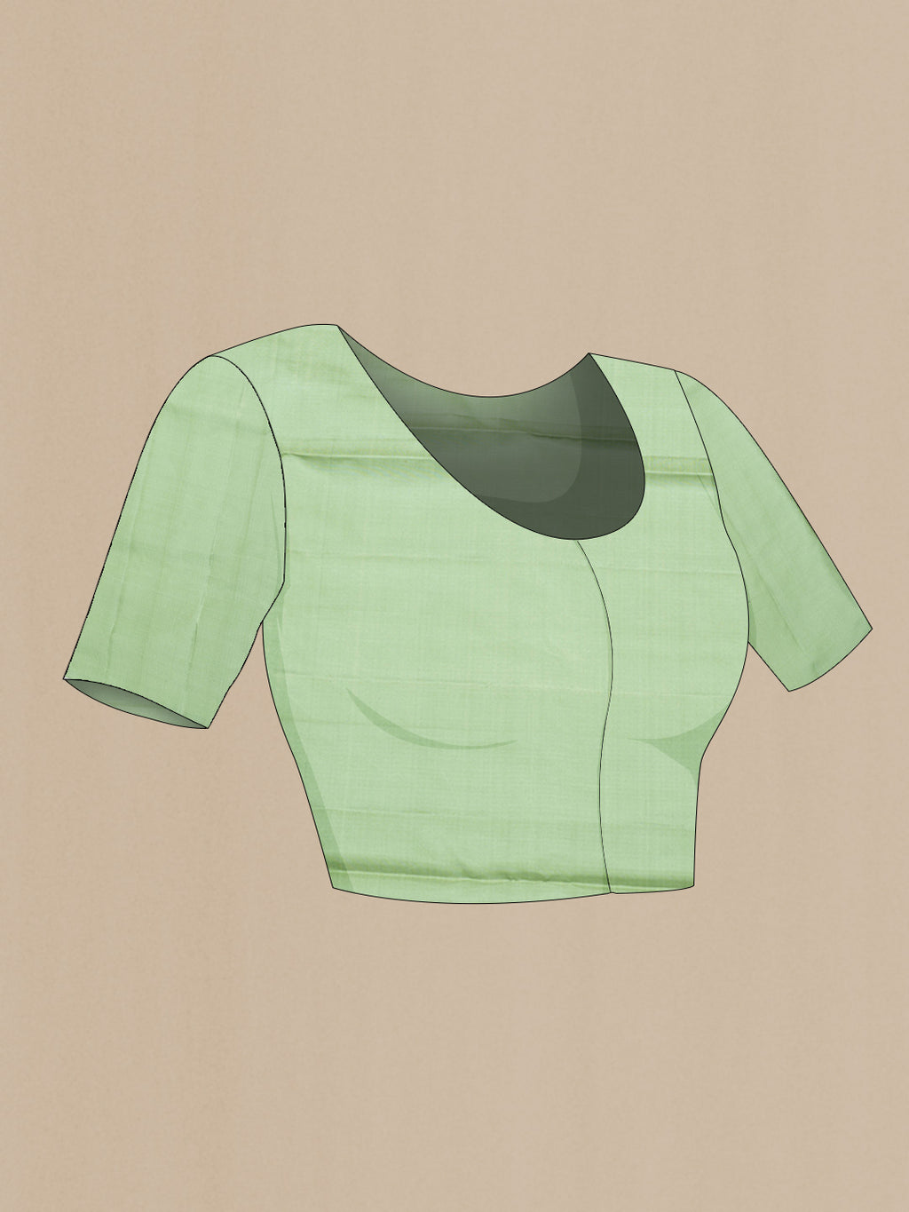 Close up image of the blouse of Sea Green Soft Silk Saree with Zari Butta on the body and Without Border. 