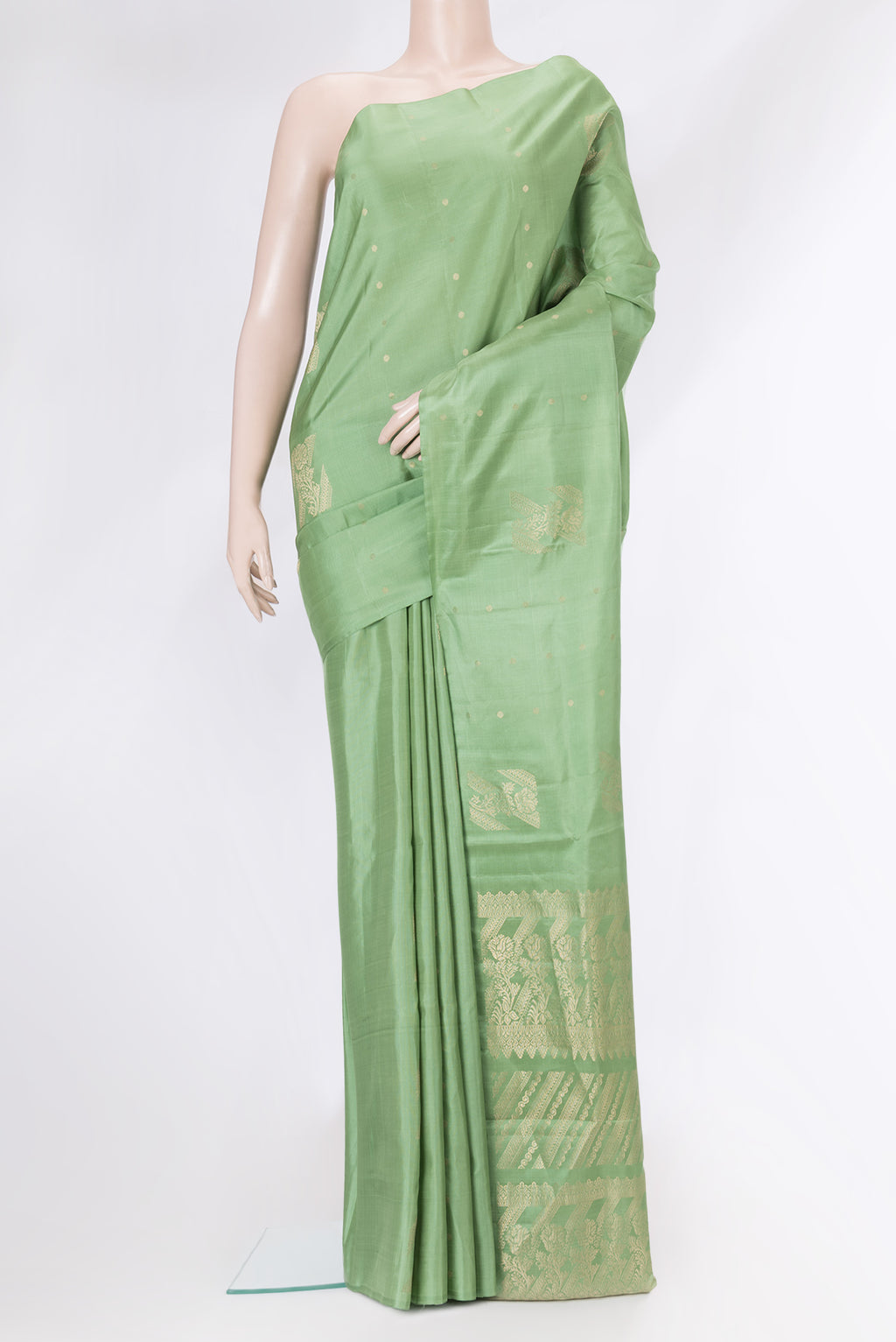 Sea Green Soft Silk Saree with Zari Butta on the body and Without Border.  displayed on a mannequin