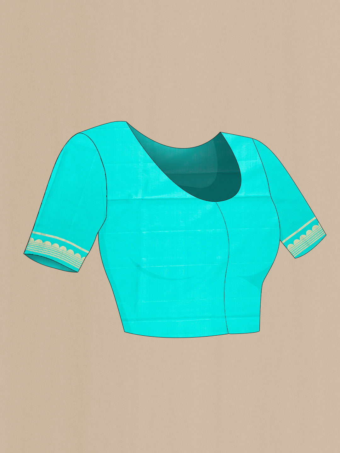 Close up image of the blouse of Sea Green Dual Tone Soft Silk Saree with Zari Butta on the body and Zari Border. 
