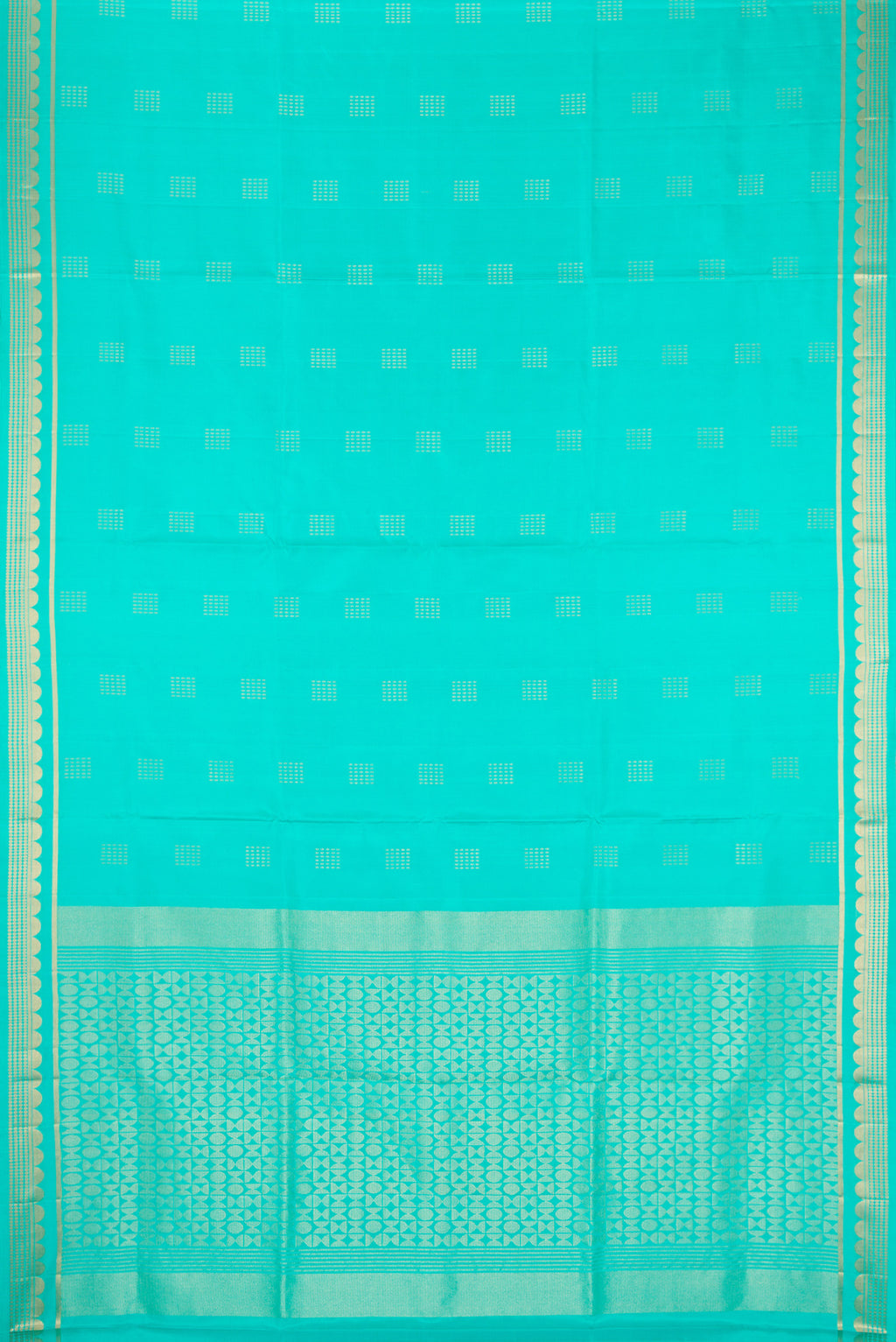 Flat view of Sea Green Dual Tone Soft Silk Saree with Zari Butta on the body and Zari Border. 