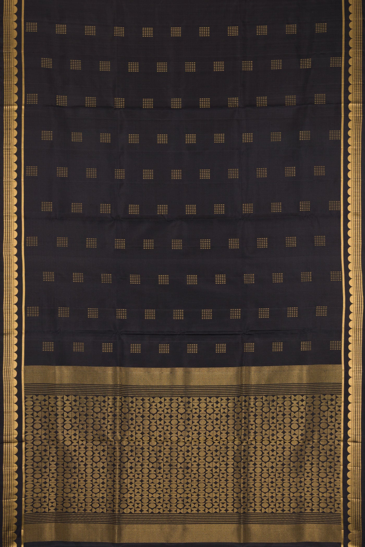 Flat view of Black Dual Tone Soft Silk Saree with Zari Butta on the body and Fancy Border. 