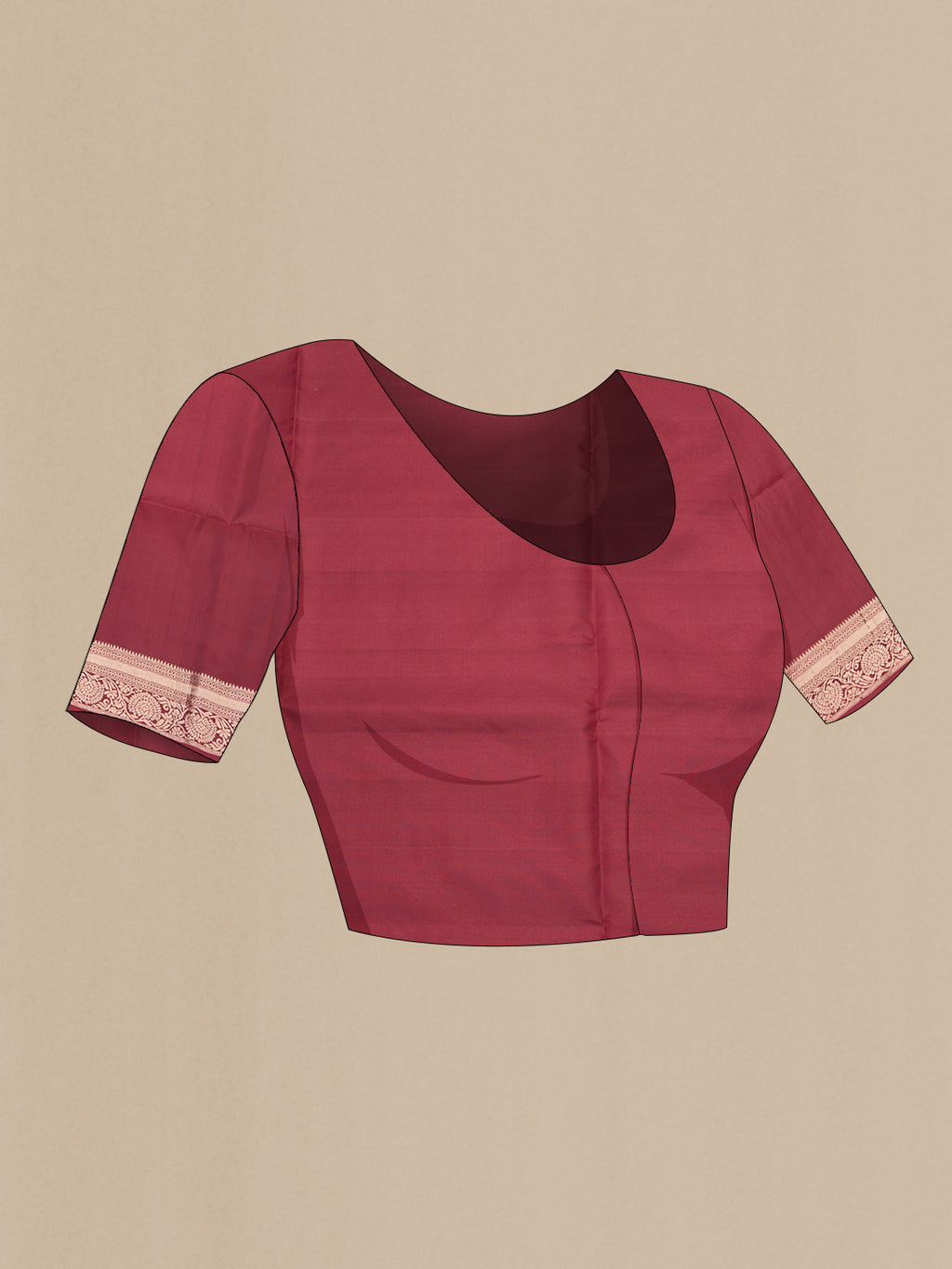 Close up image of the blouse of Maroon Soft Silk Saree with Zari Butta on the body and Zari Border. 