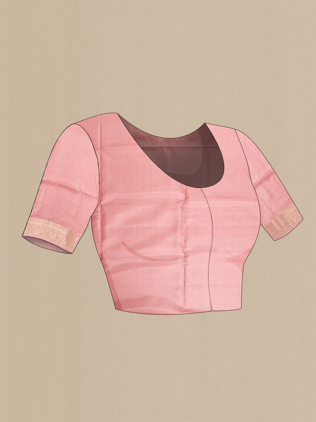 Close up image of the blouse of Rose Gold Dual Tone Soft Silk Saree with Zari Butta on the body and Zari Border. 