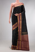 Black Dual Tone Soft Silk Saree with Zari Butta on the body and Zari Border.  displayed on a mannequin