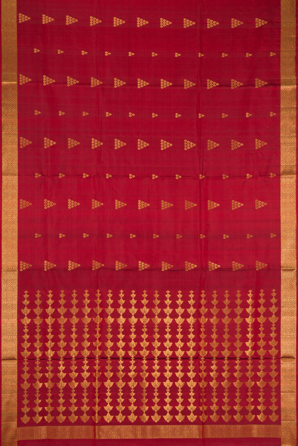 Flat view of Maroon Dual Tone Soft Silk Saree with Zari Butta on the body and Zari Border. 