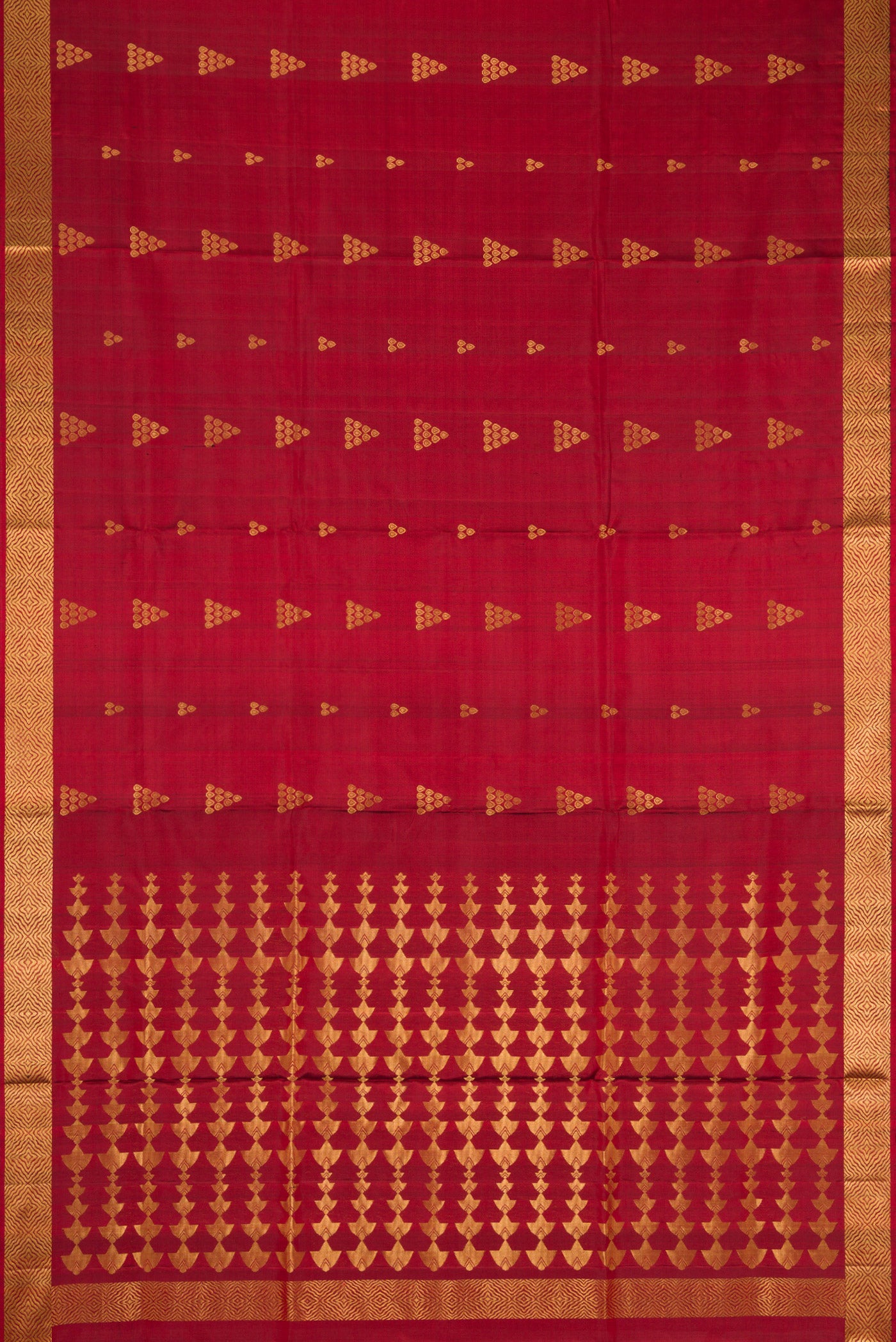 Flat view of Maroon Dual Tone Soft Silk Saree with Zari Butta on the body and Zari Border. 