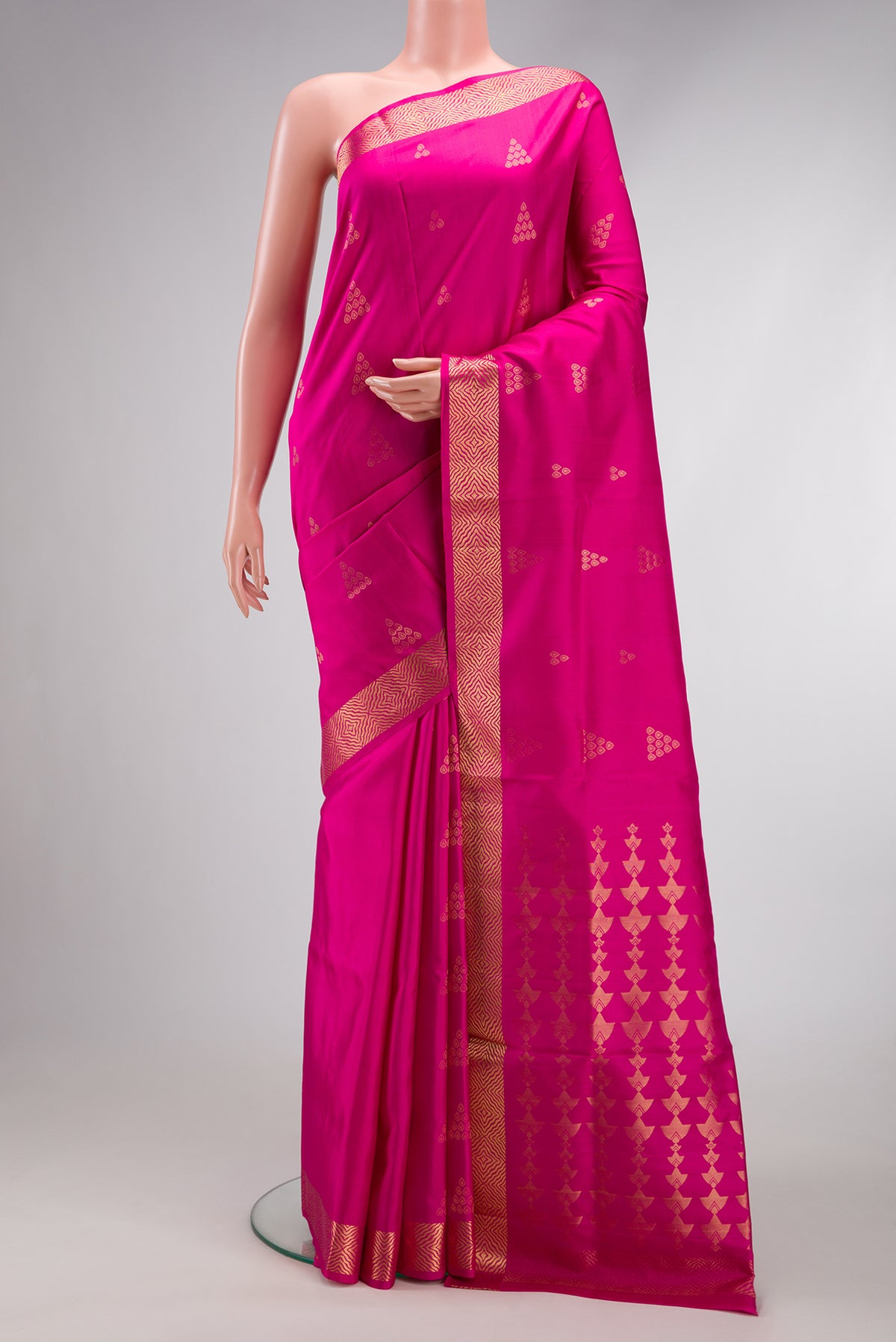 Pink Dual Tone Soft Silk Saree with Zari Butta on the body and Zari Border.  displayed on a mannequin