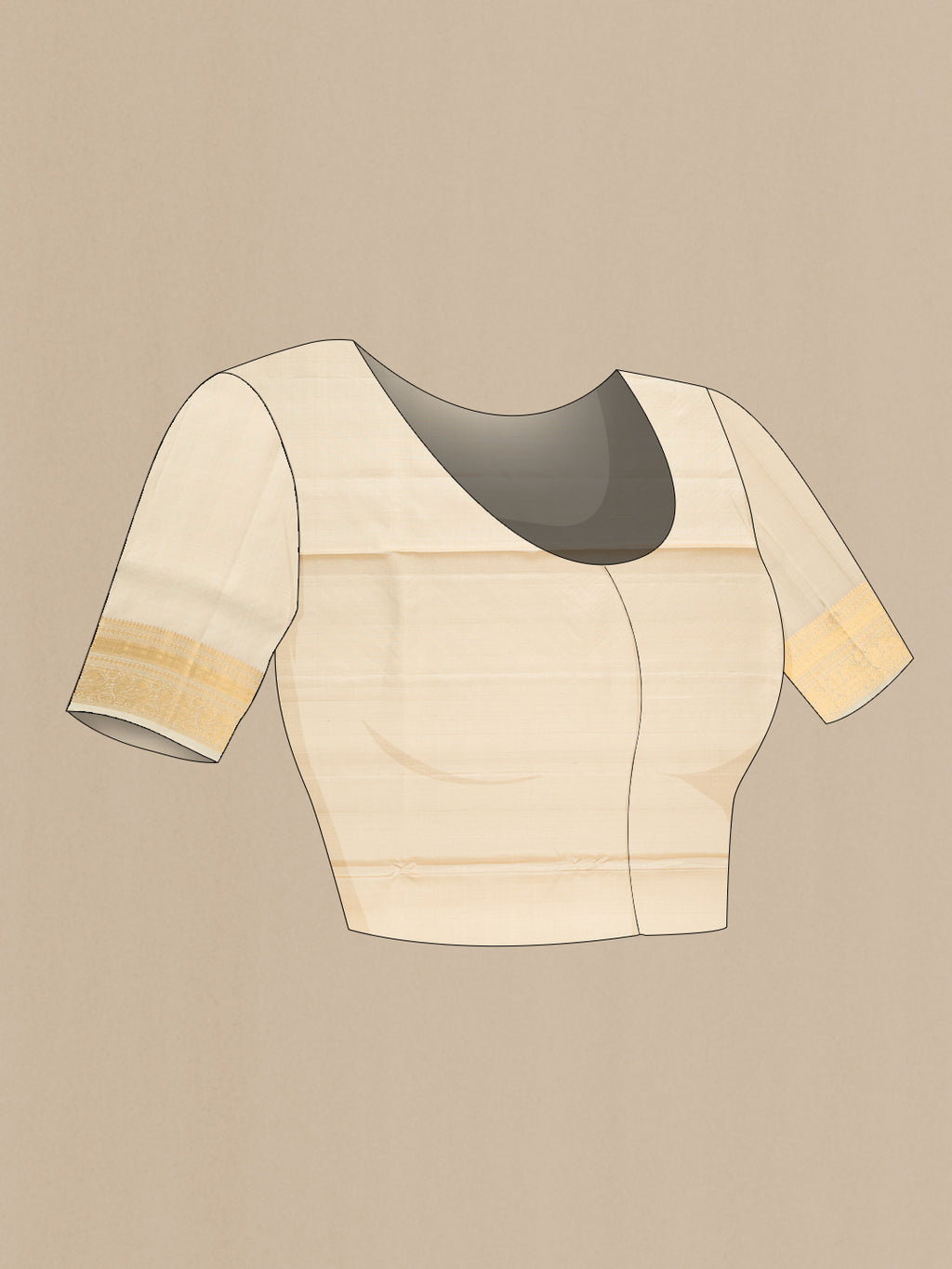 Close up image of the blouse of Beige Dual Tone Soft Silk Saree with Zari Butta on the body and Zari Border. 