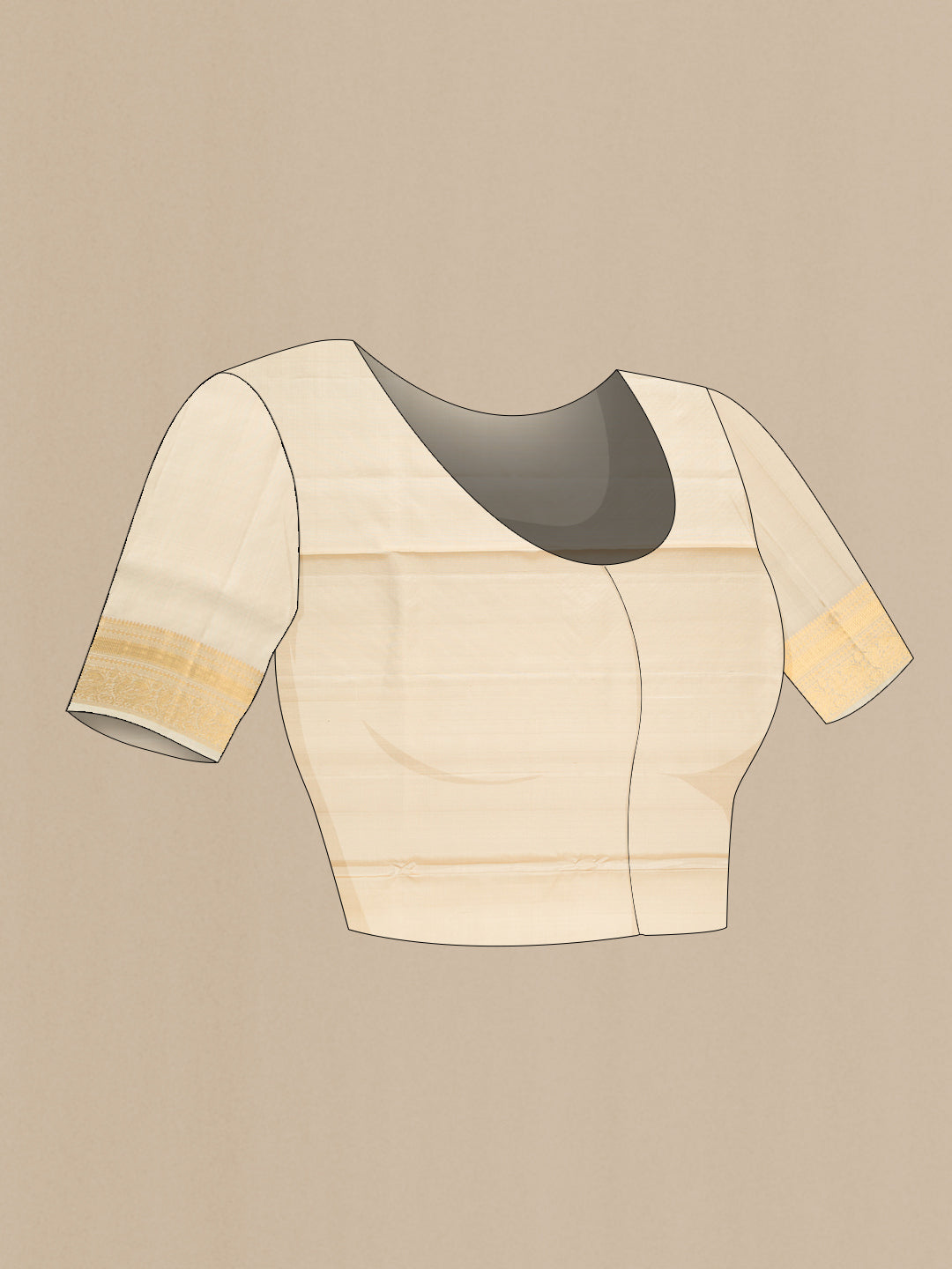 Close up image of the blouse of Beige Dual Tone Soft Silk Saree with Zari Butta on the body and Zari Border. 