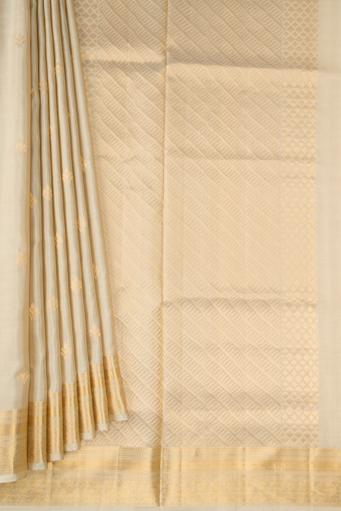 Pleats and pallu of Beige Dual Tone Soft Silk Saree with Zari Butta on the body and Zari Border. 